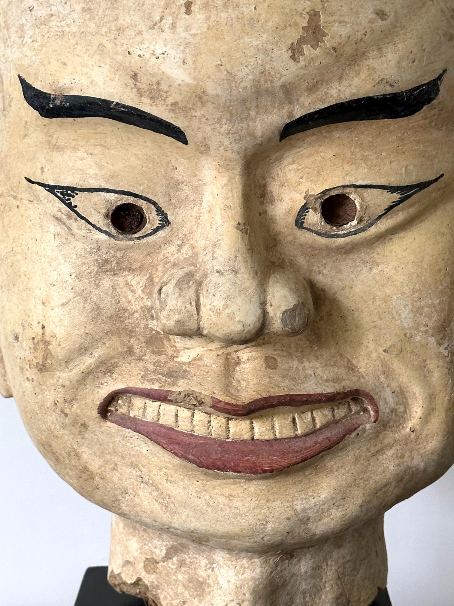 Large Terracotta Head of Luohan on Wood Stand from Vietnam For Sale 12