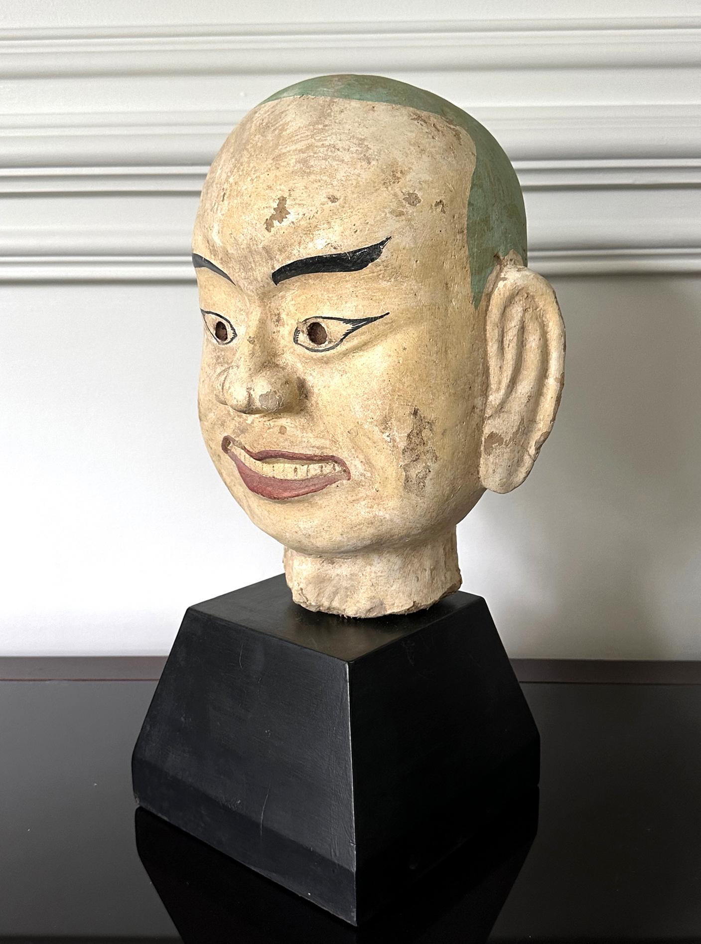 Other Large Terracotta Head of Luohan on Wood Stand from Vietnam For Sale