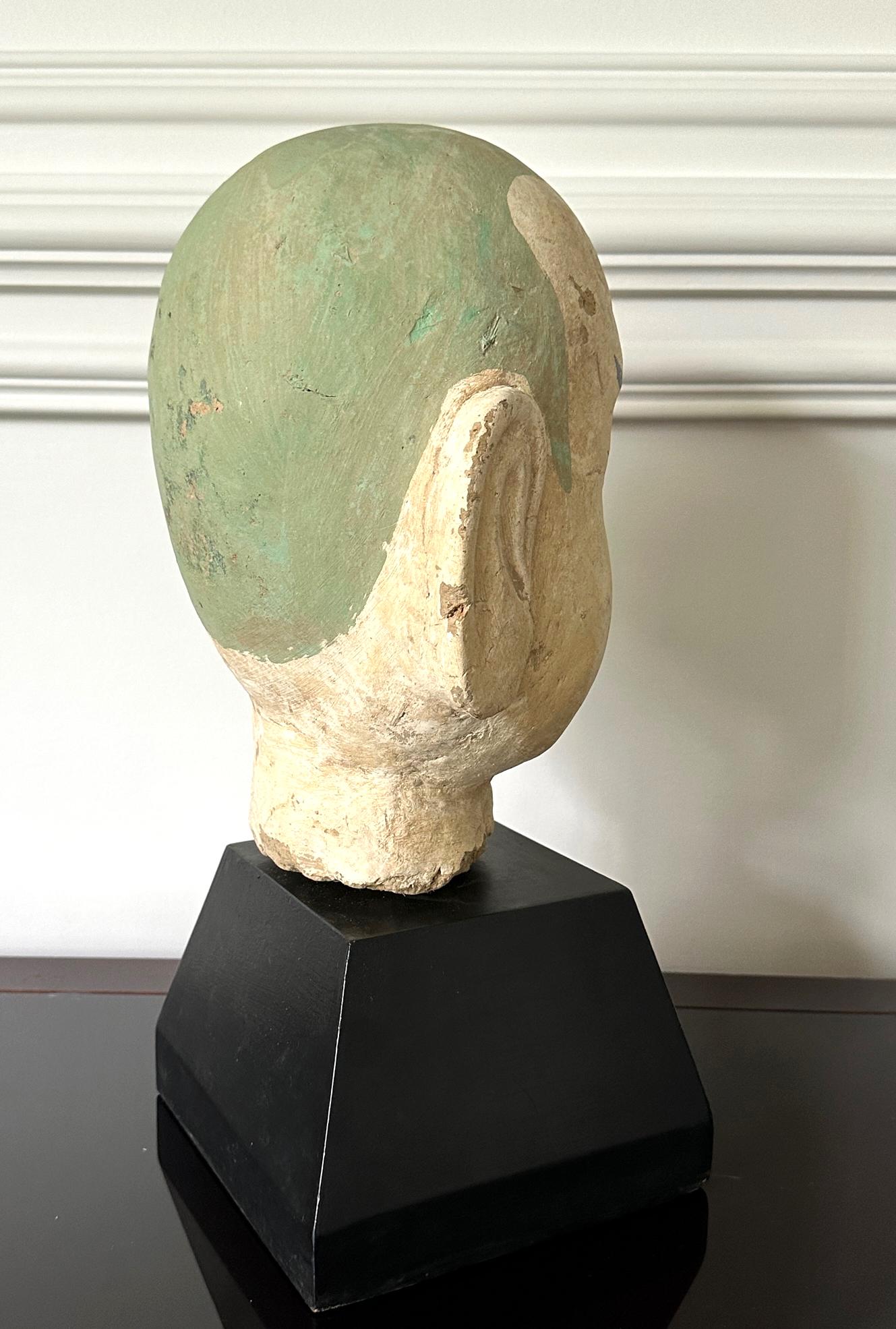 19th Century Large Terracotta Head of Luohan on Wood Stand from Vietnam For Sale