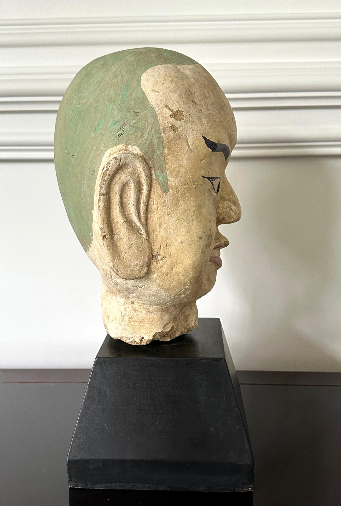 Large Terracotta Head of Luohan on Wood Stand from Vietnam For Sale 1