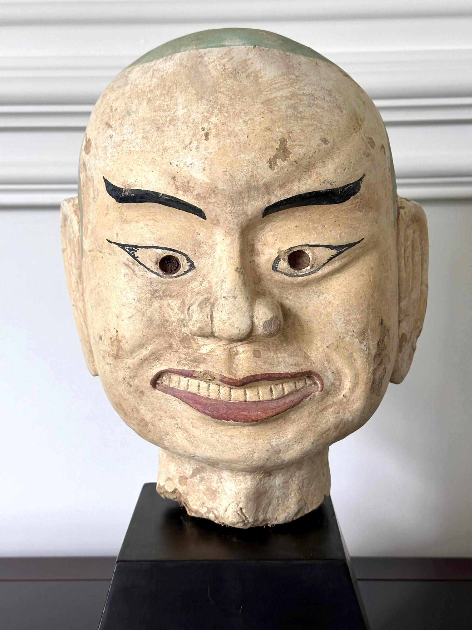 Large Terracotta Head of Luohan on Wood Stand from Vietnam For Sale 2