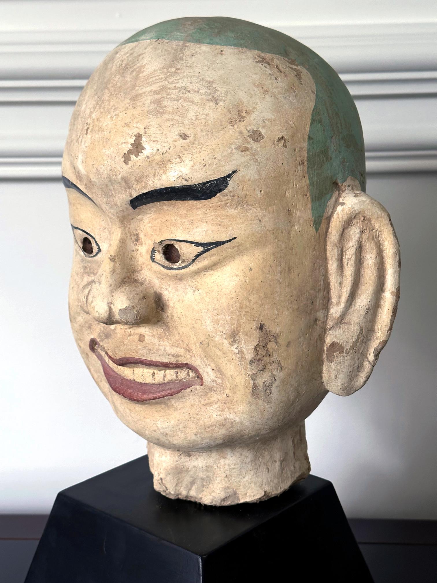Large Terracotta Head of Luohan on Wood Stand from Vietnam For Sale 3
