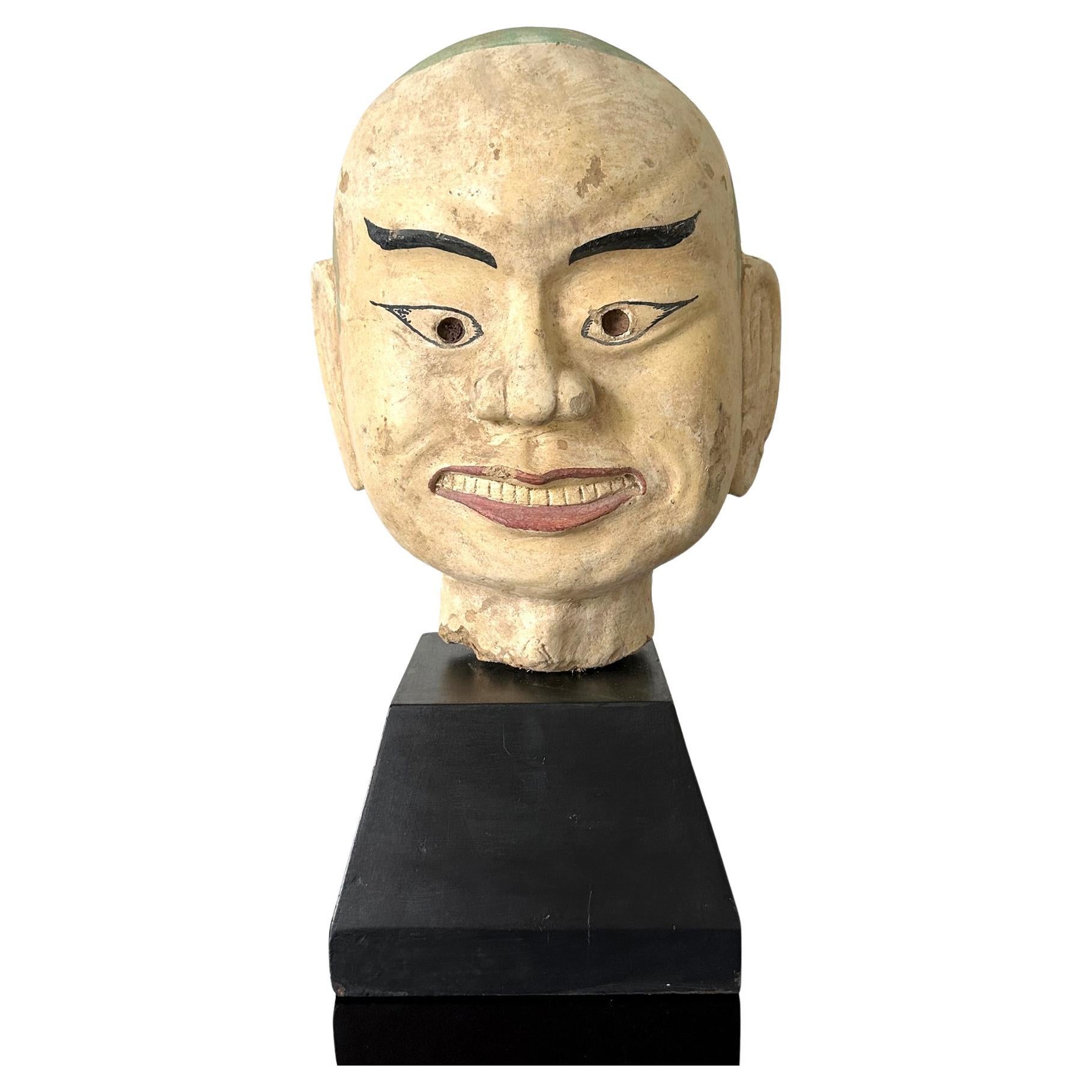 Large Terracotta Head of Luohan on Wood Stand from Vietnam For Sale