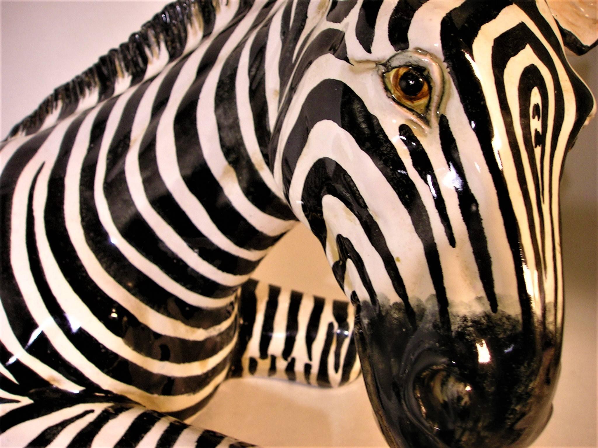 Midcentury large Italian glazed terracotta zebra.