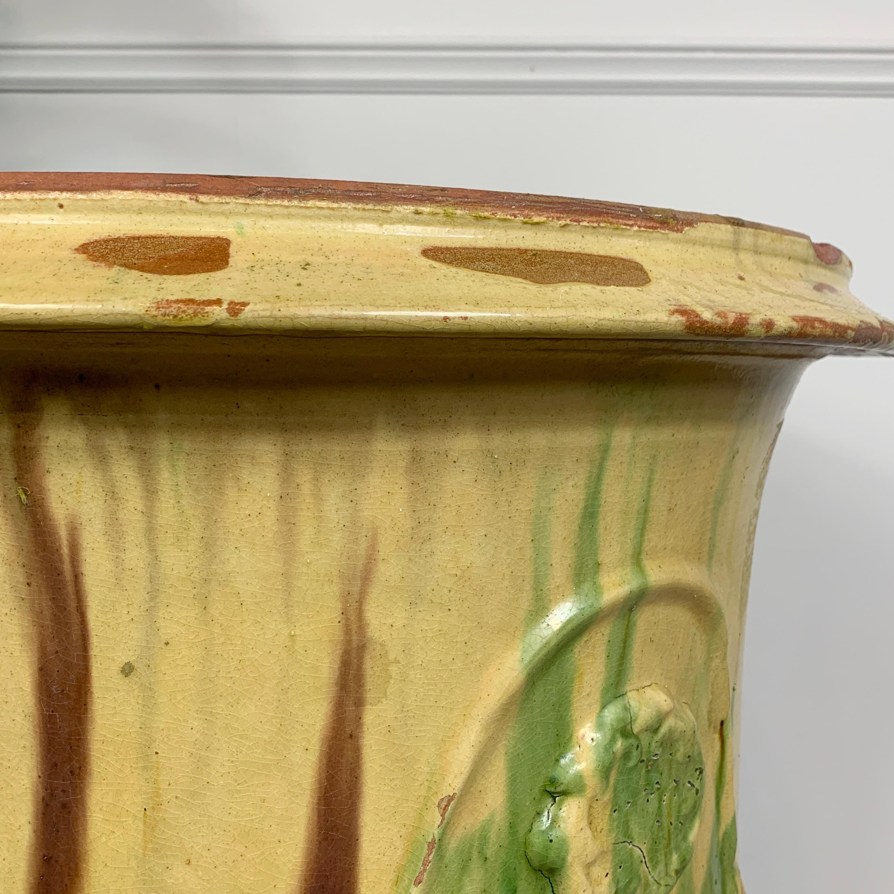 French Large Terracotta Urn in the Anduze manner, green tones For Sale
