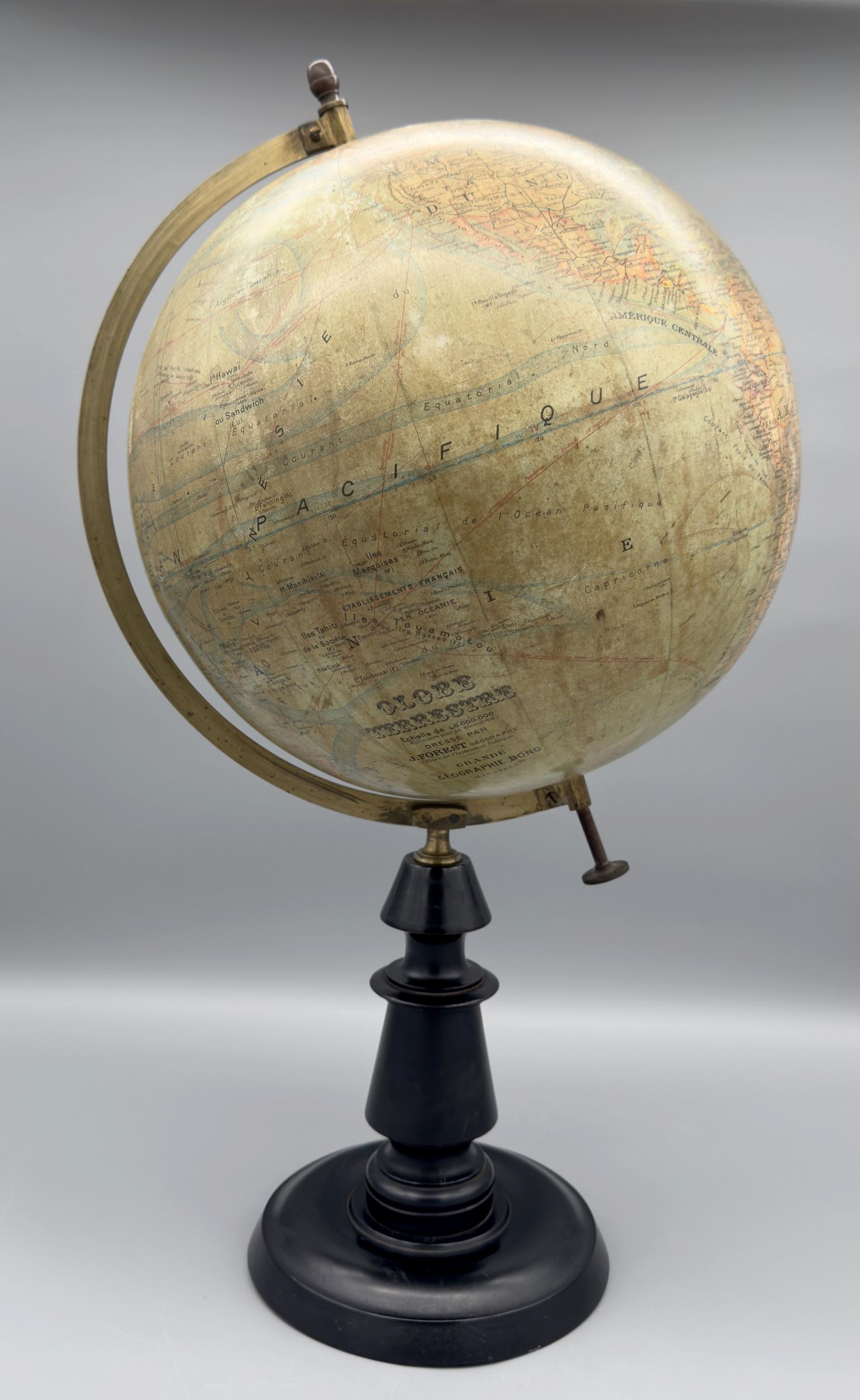French Large terrestrial globe by Joseph Forest, Paris, France, circa 1890 For Sale