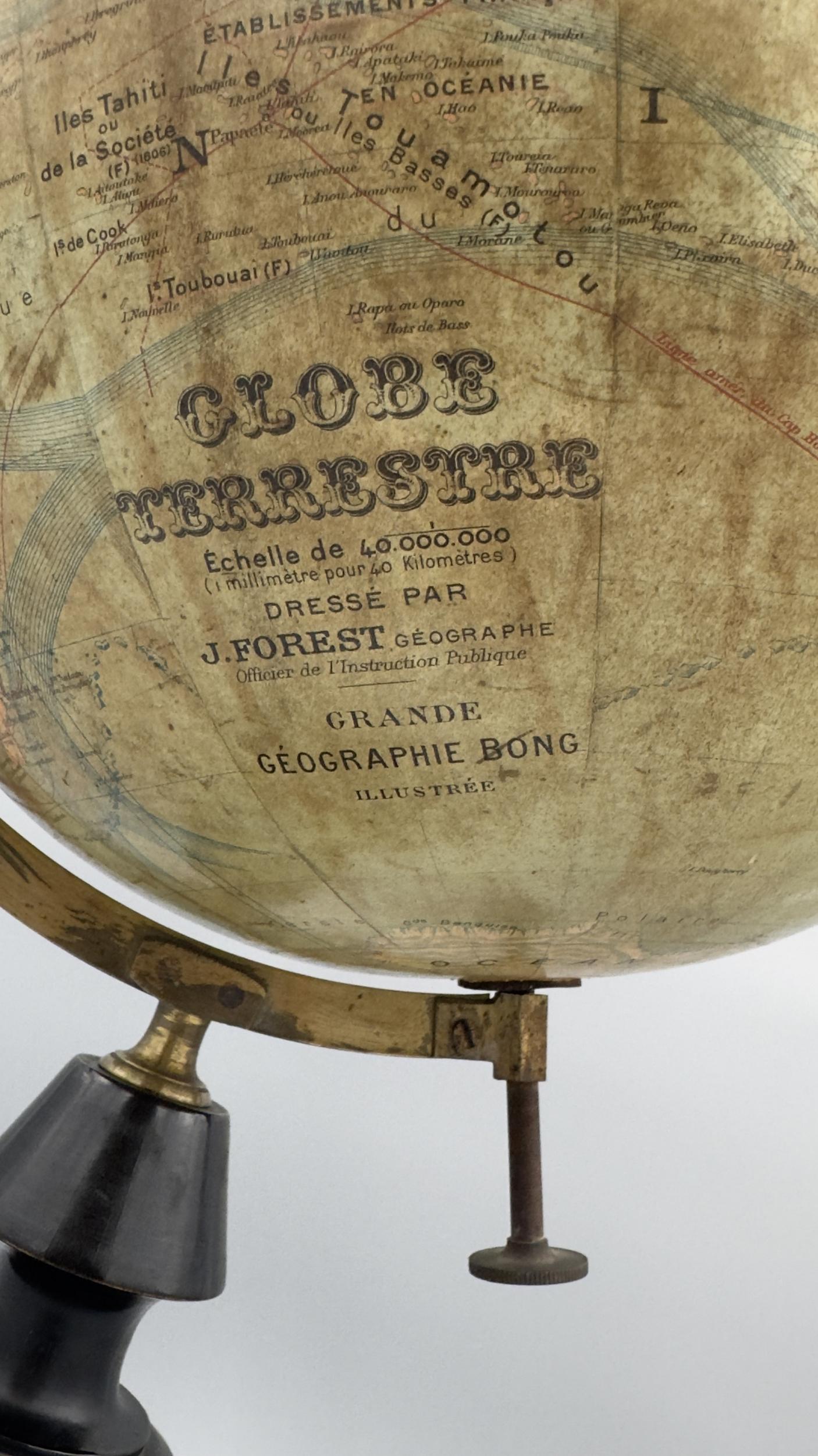 Blackened Large terrestrial globe by Joseph Forest, Paris, France, circa 1890 For Sale