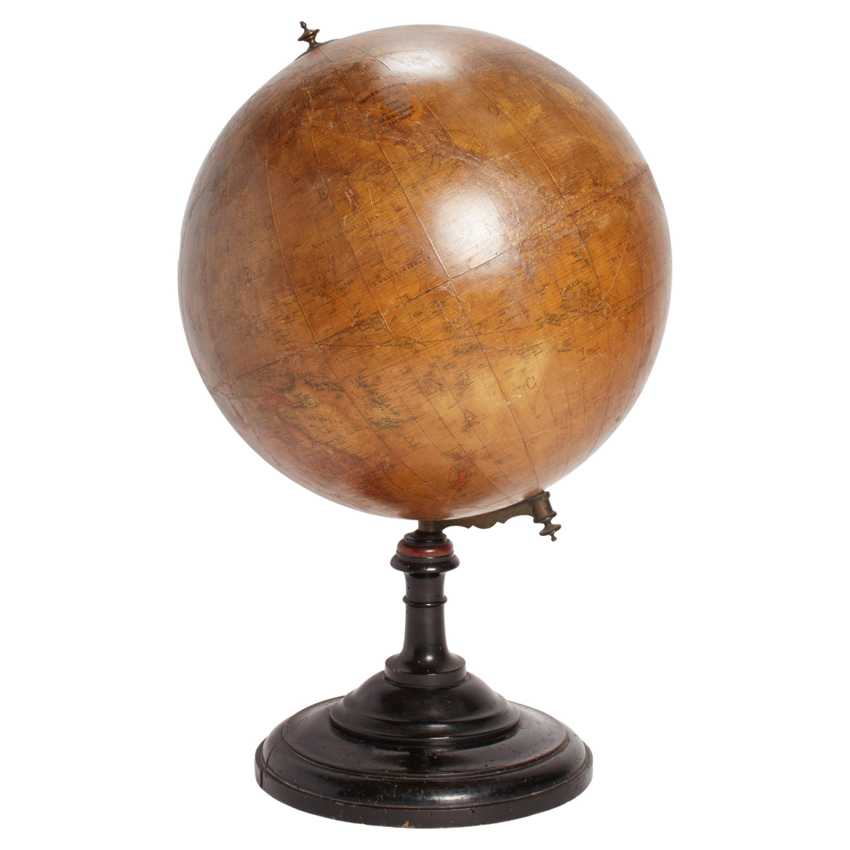 Grand globe terrestre avec base en bois de Pini-Gussoni, Italie 1880. en vente