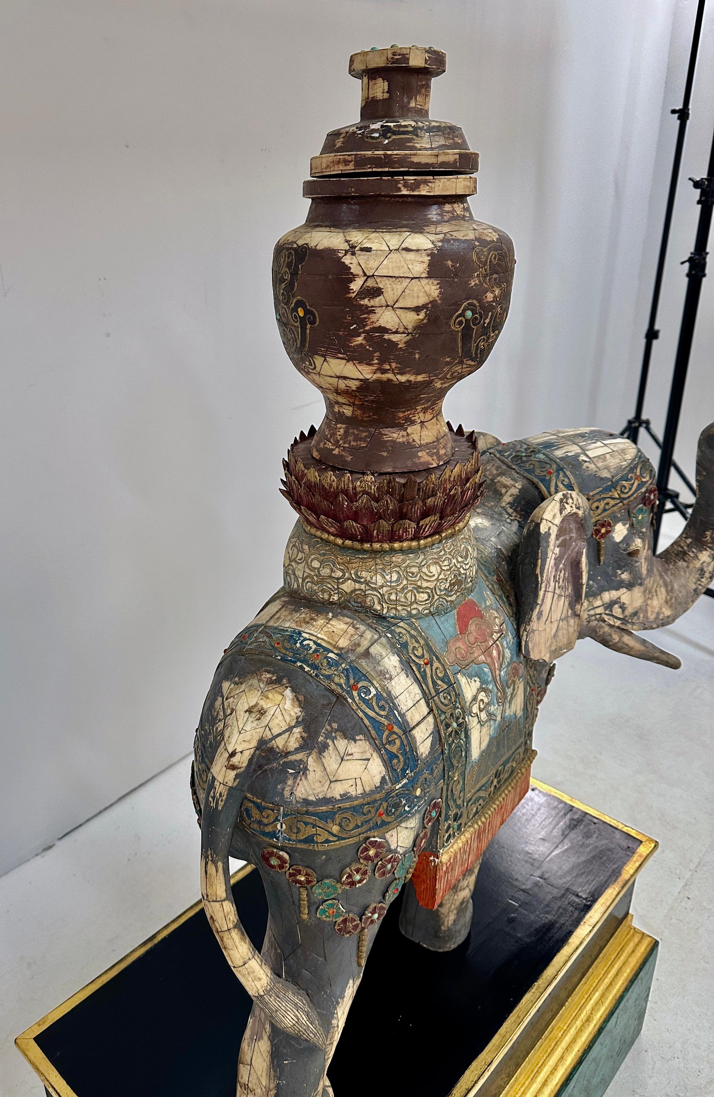 South Asian Large Tesselated Bone Elephant Sculpture on Custom Stand