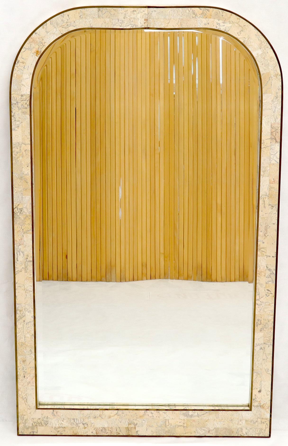 Mid-Century Modern Large Tessellated Stone Veneer Brass Inlay Wall Mirror