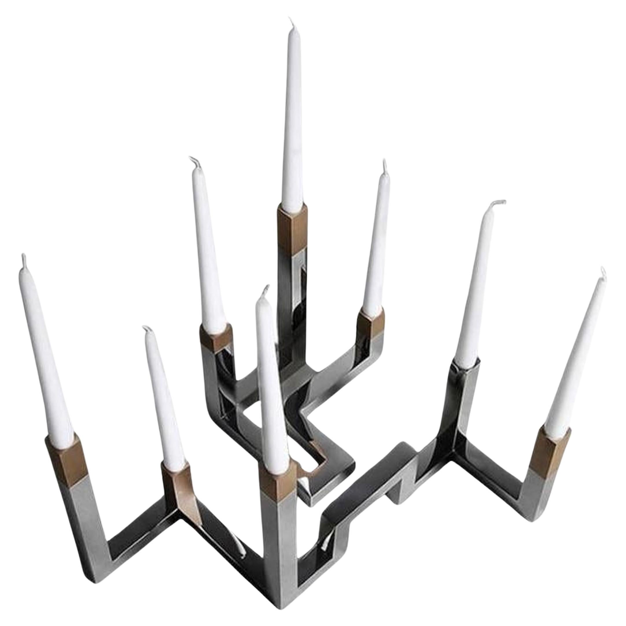 Large Tetra CL Candle Holder in Polished Stainless Steel 
Brass For Sale