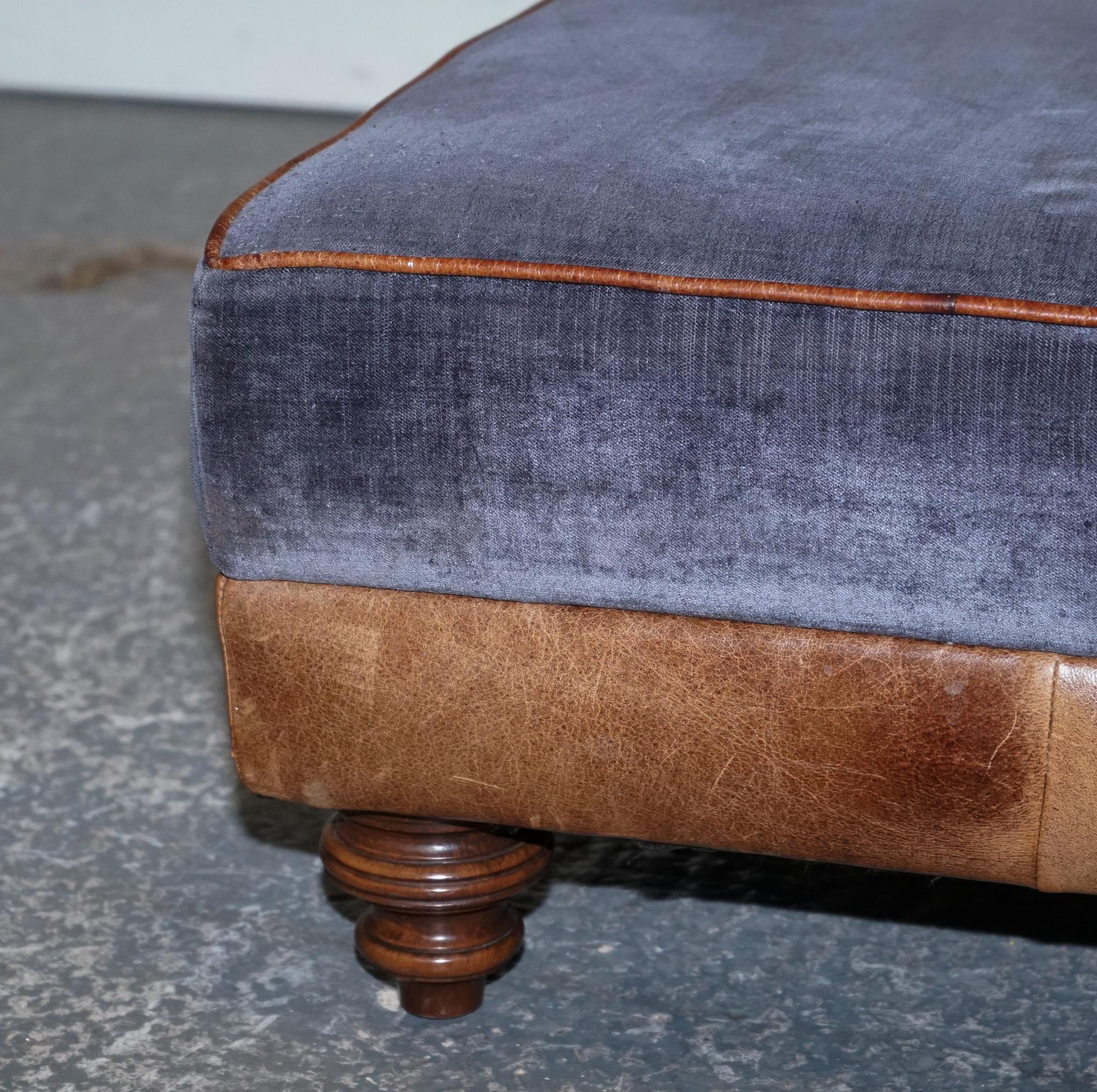 LARGE TETRAD CONSTABLE OTTOMAN RECTANGULAR FOOTSTOOL BLUE FABRiC & LEATHER BASE im Angebot 1