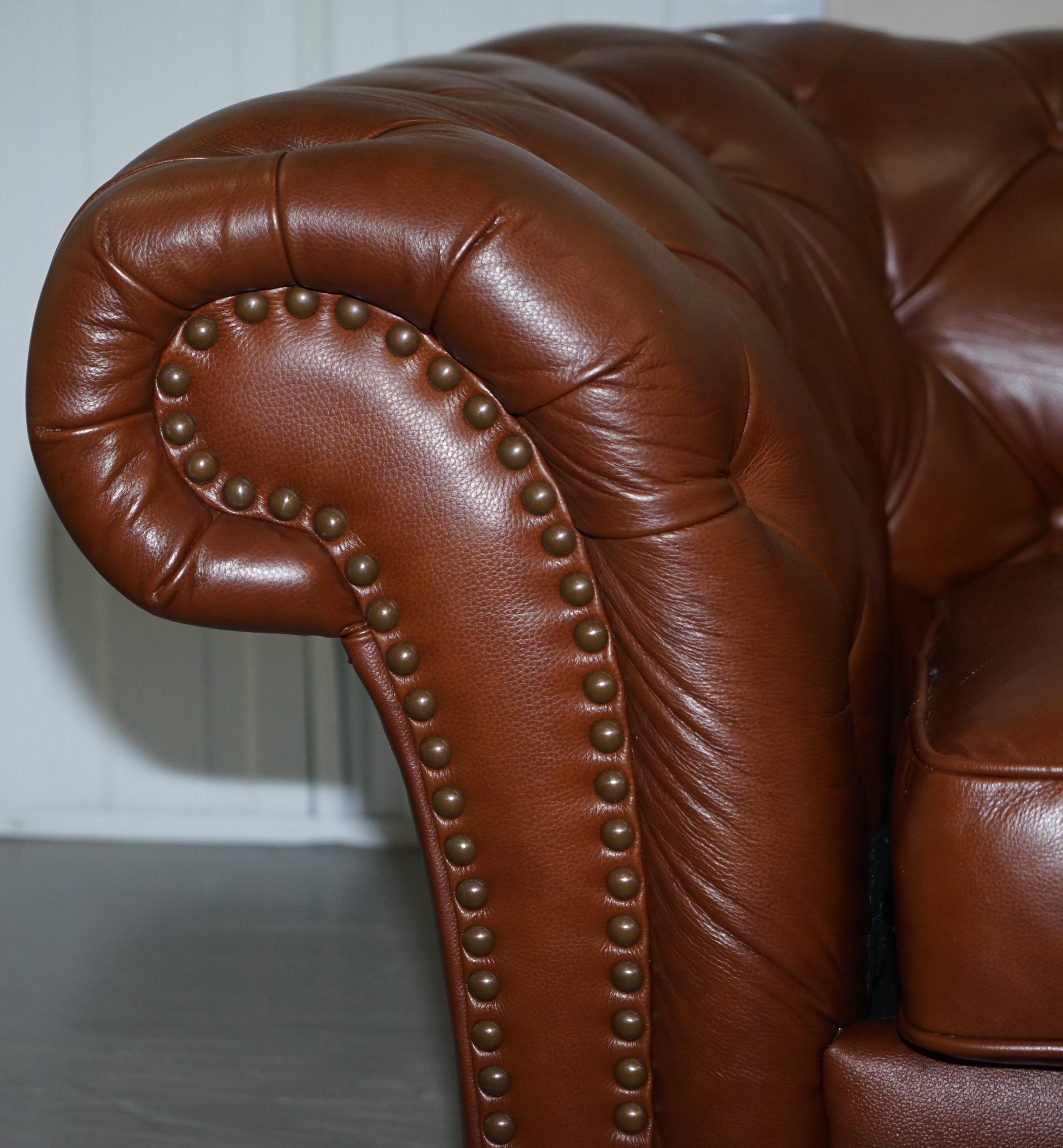 Large Tetrad Made in England Brown Leather Chesterfield Sofa Part of Full Suite 4