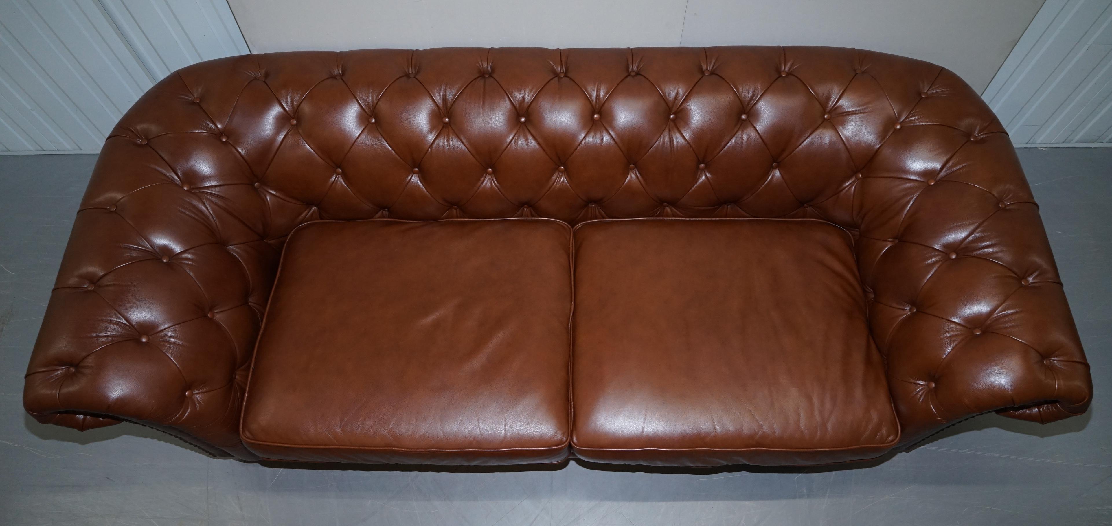 English Large Tetrad Made in England Brown Leather Chesterfield Sofa Part of Full Suite