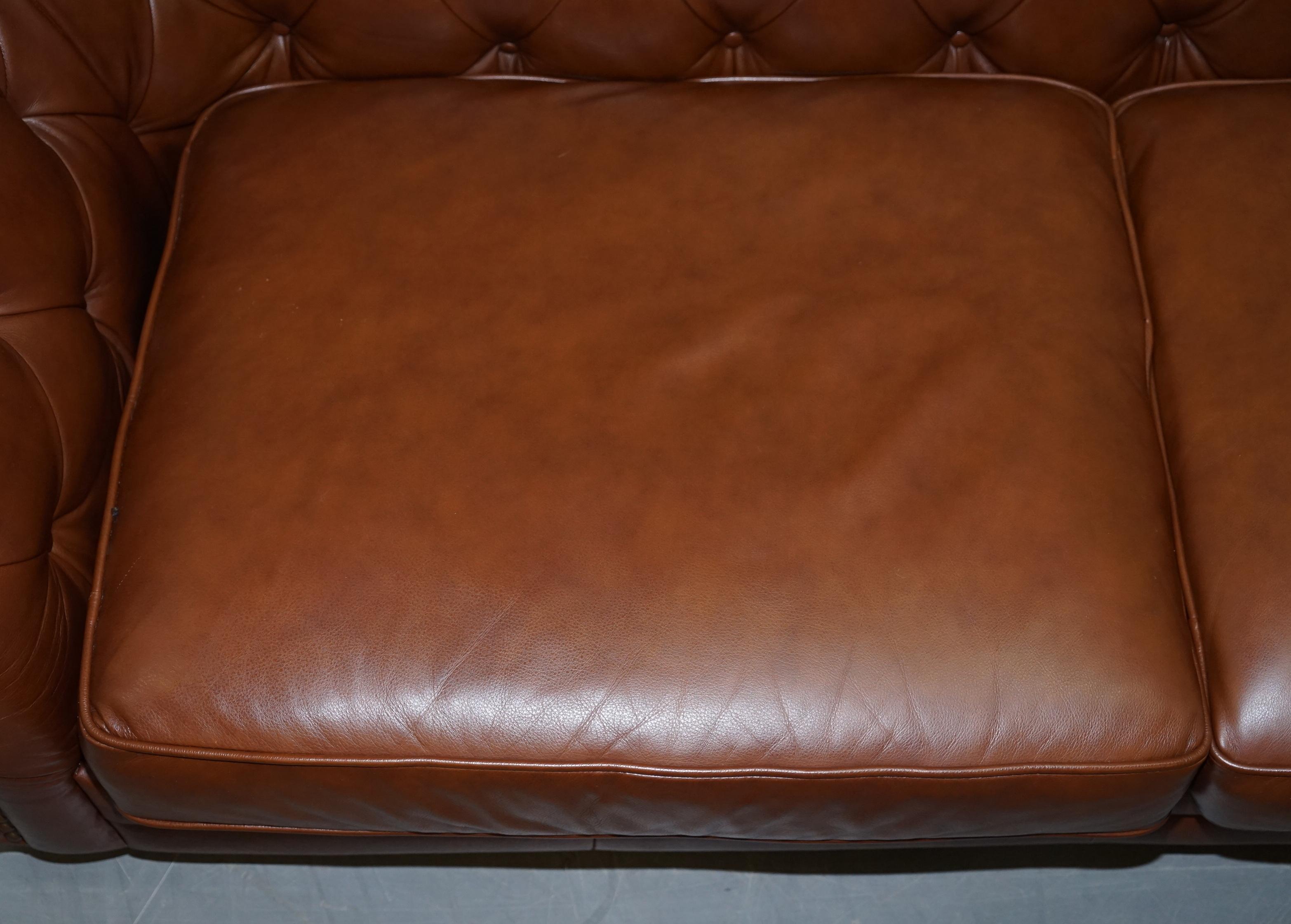Hand-Crafted Large Tetrad Made in England Brown Leather Chesterfield Sofa Part of Full Suite