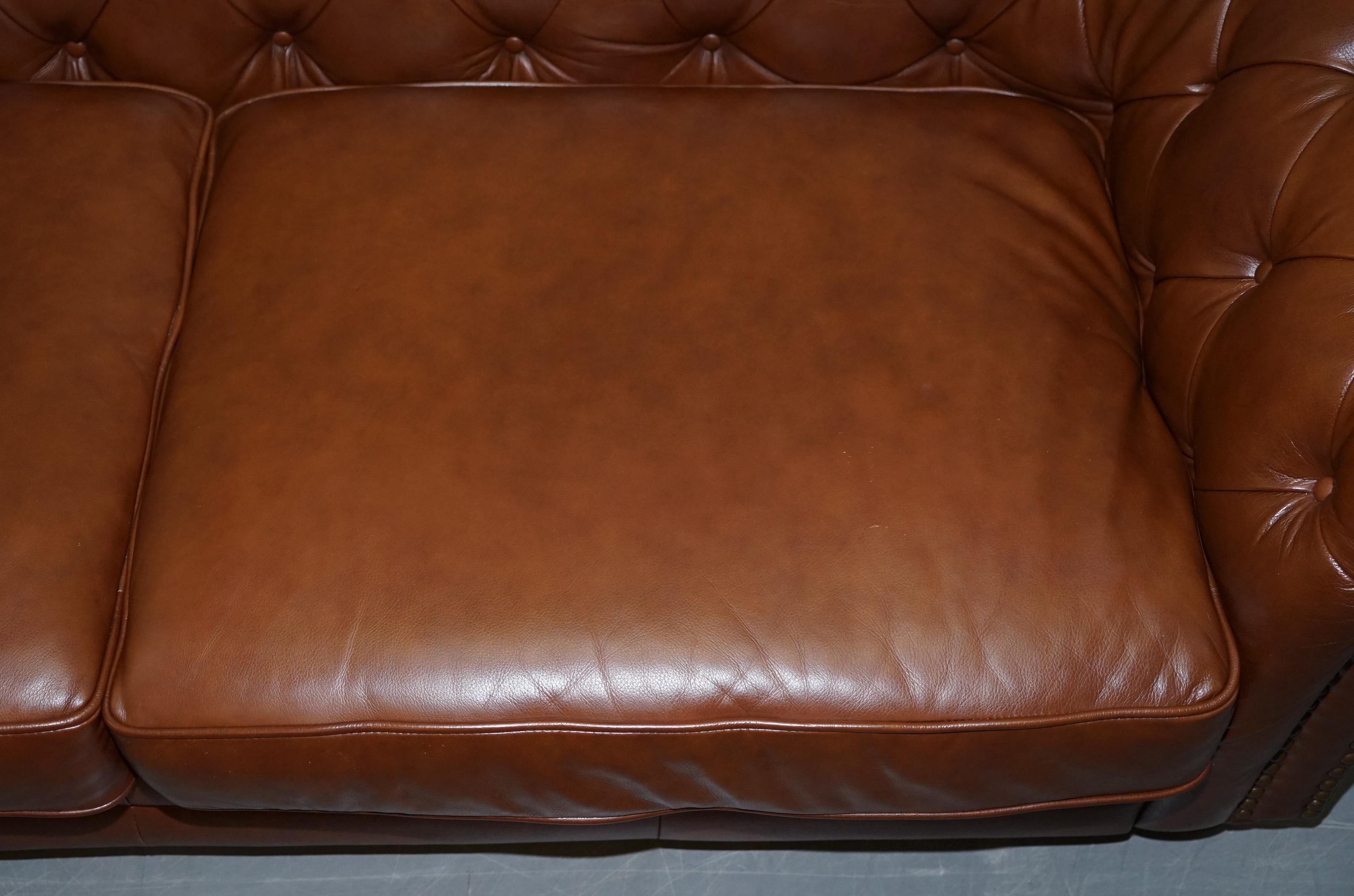 20th Century Large Tetrad Made in England Brown Leather Chesterfield Sofa Part of Full Suite