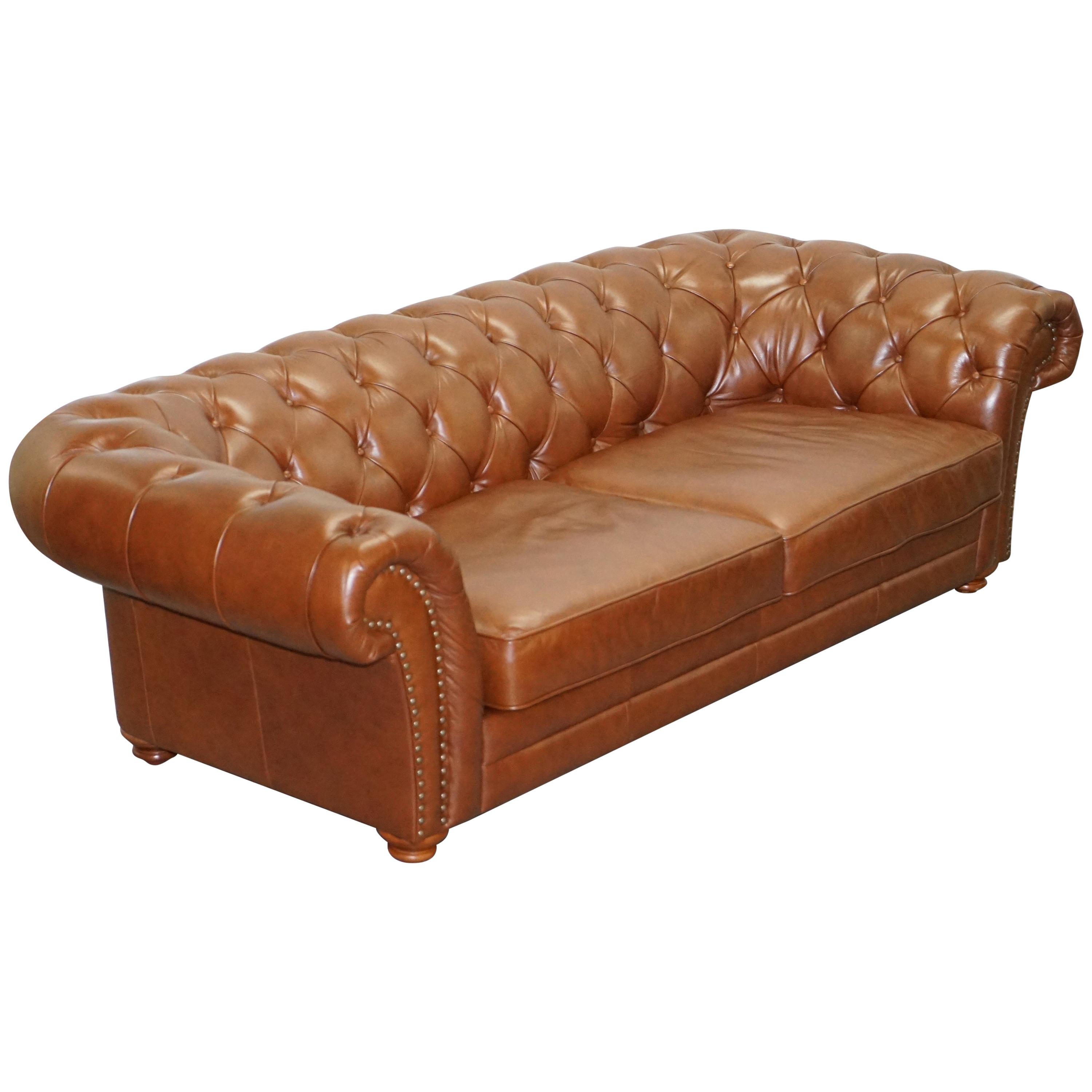 Large Tetrad Made in England Brown Leather Chesterfield Sofa Part of Full Suite