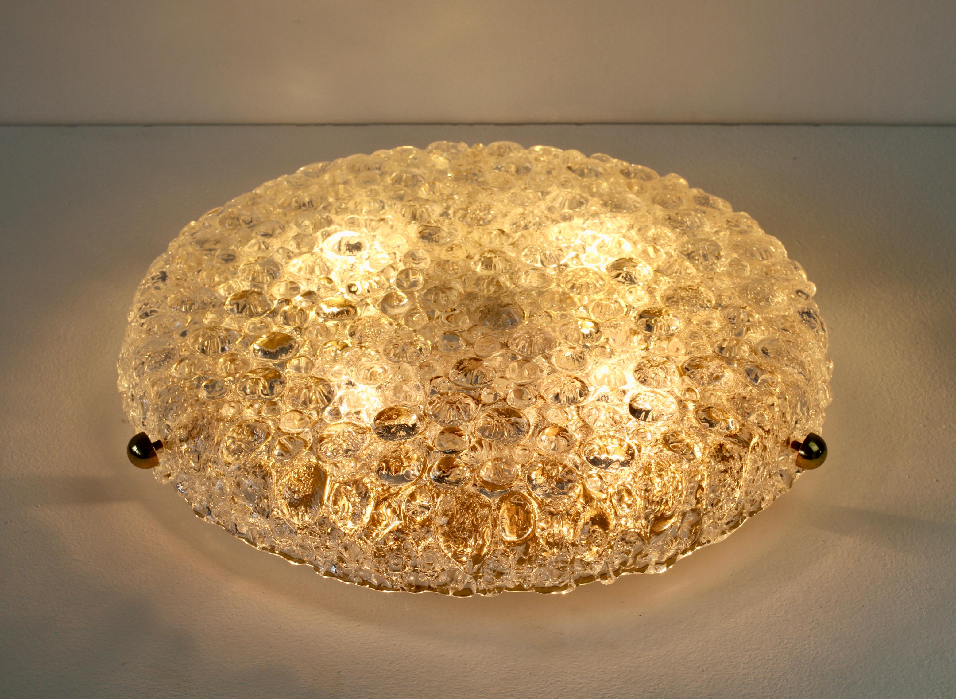 Large Textured Bubble Glass & Brass Flush Mount Light by Hillebrand Germany For Sale 6