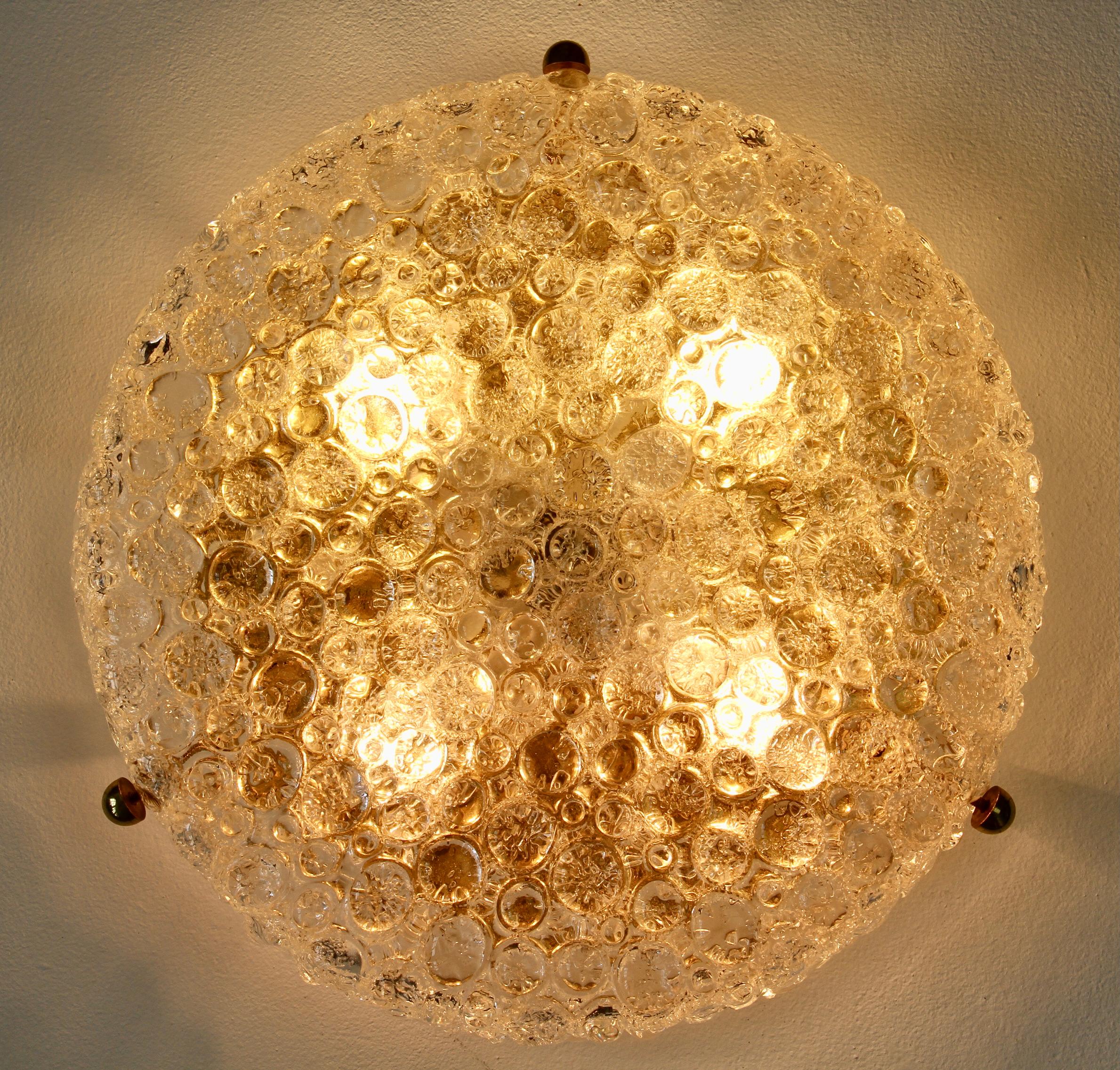 Large Textured Bubble Glass & Brass Flush Mount Light by Hillebrand Germany For Sale 10