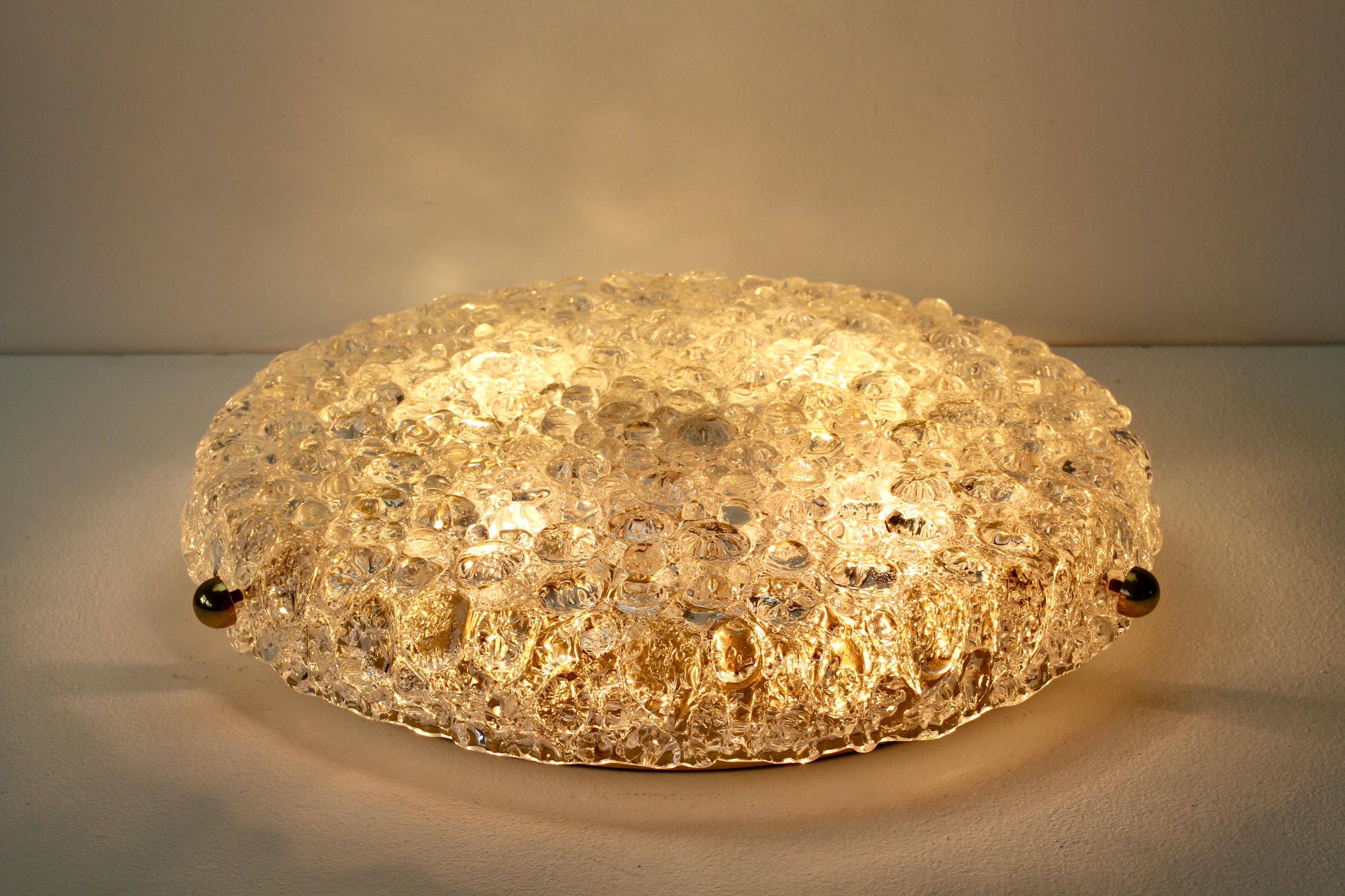 Large Textured Bubble Glass & Brass Flush Mount Light by Hillebrand Germany For Sale 3