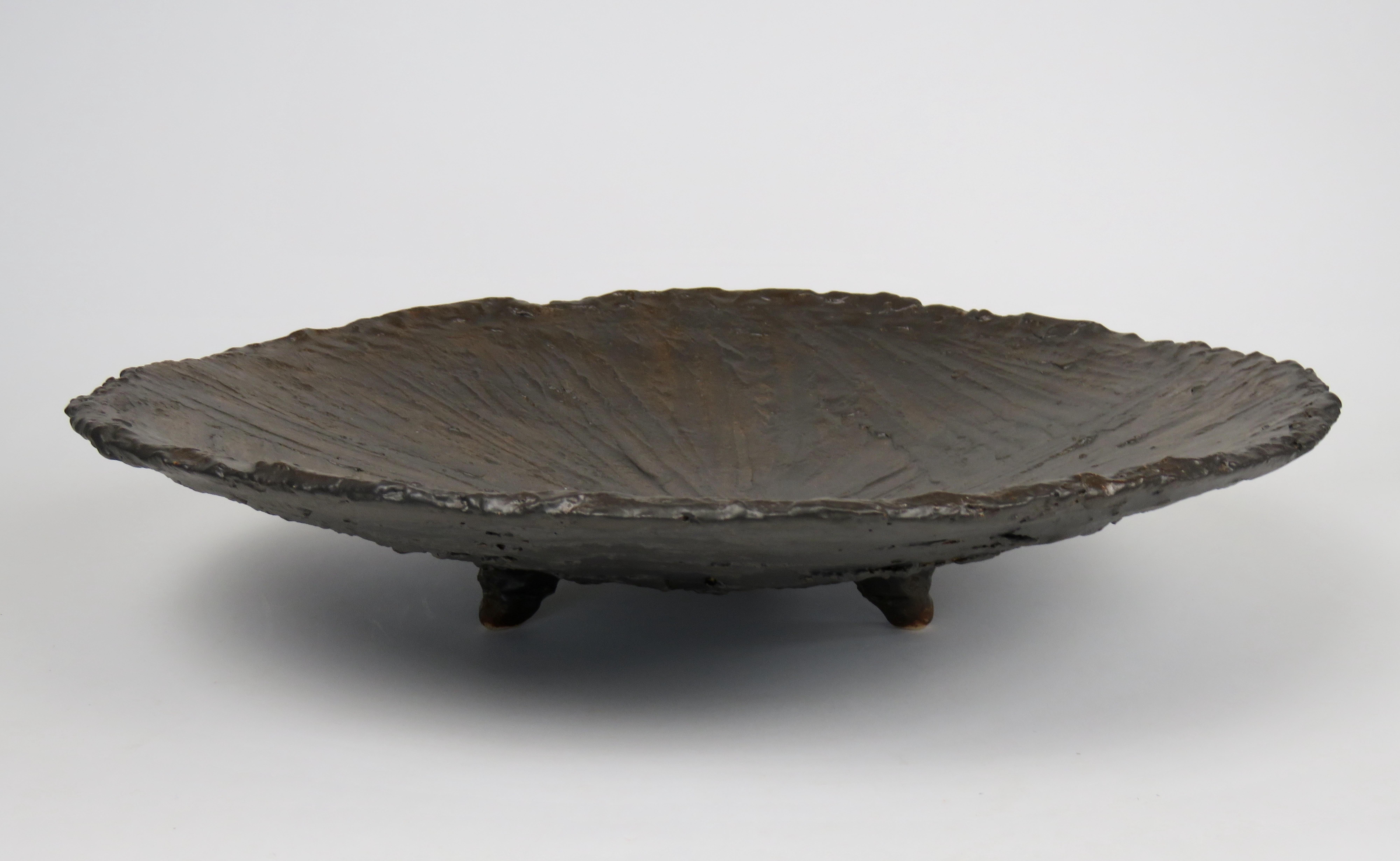 Organic Modern Large Textured Ceramic Bowl on Tripod Feet in Brown/Metallic Glaze Hand Built