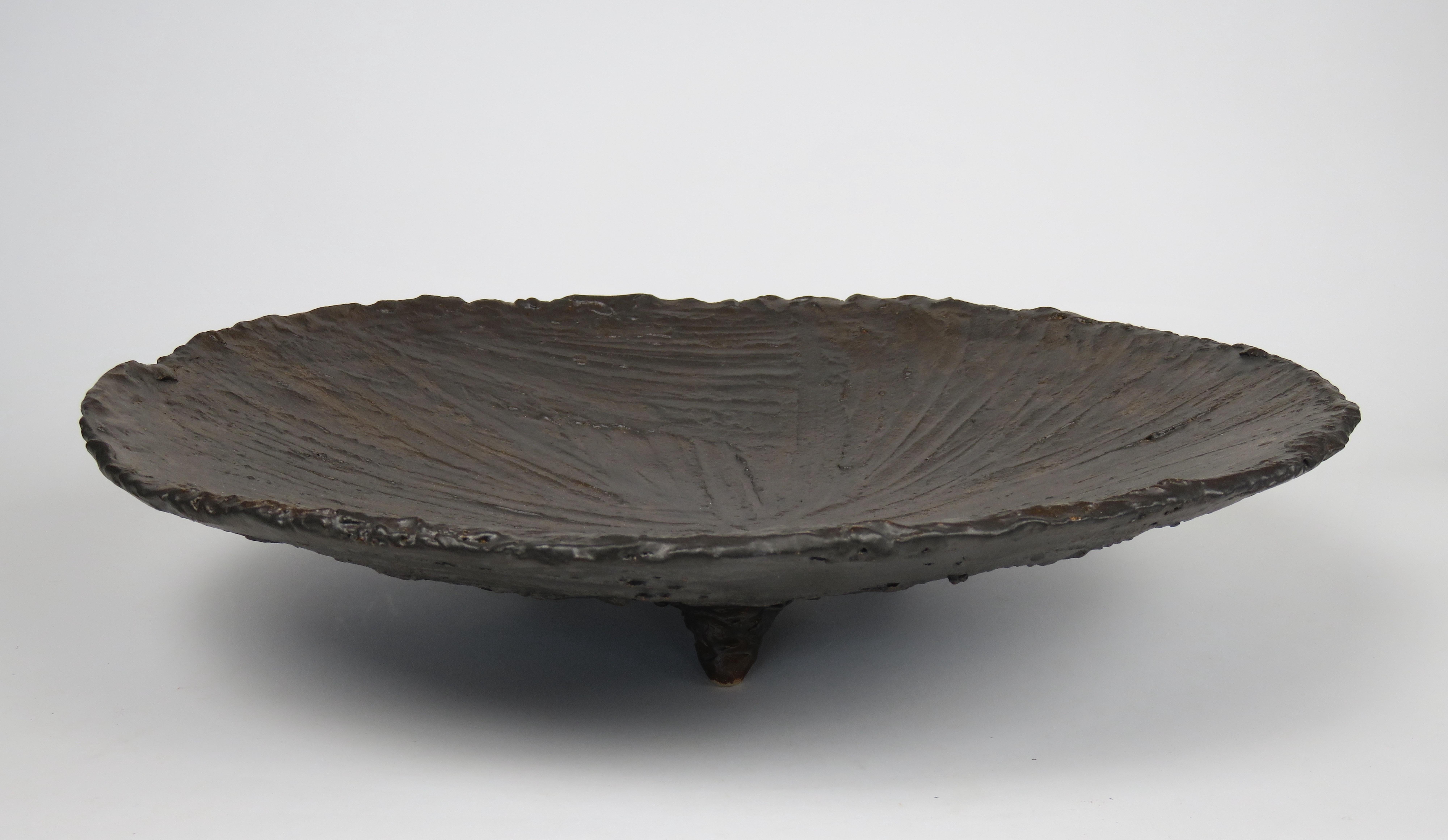 American Large Textured Ceramic Bowl on Tripod Feet in Brown/Metallic Glaze Hand Built