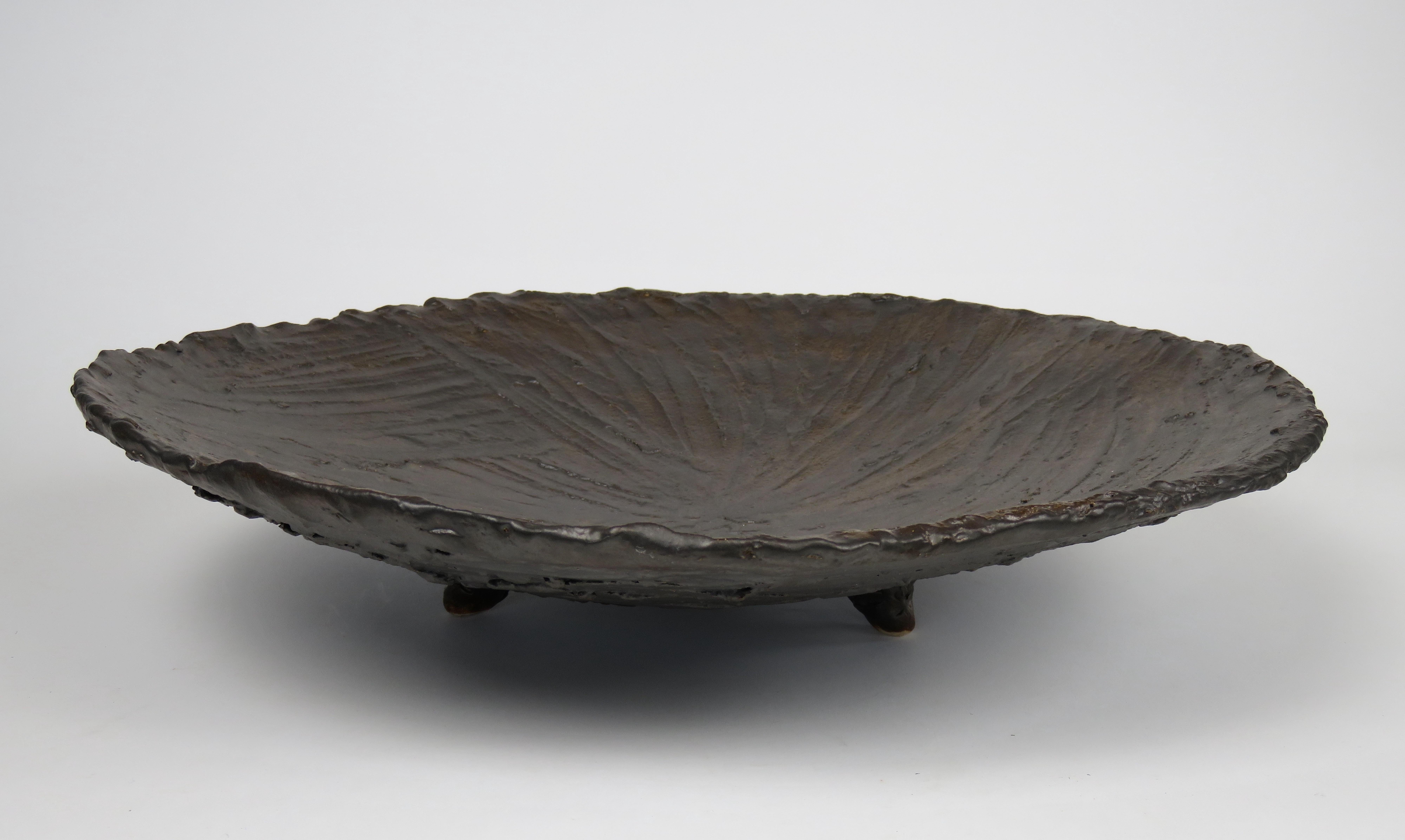 Glazed Large Textured Ceramic Bowl on Tripod Feet in Brown/Metallic Glaze Hand Built