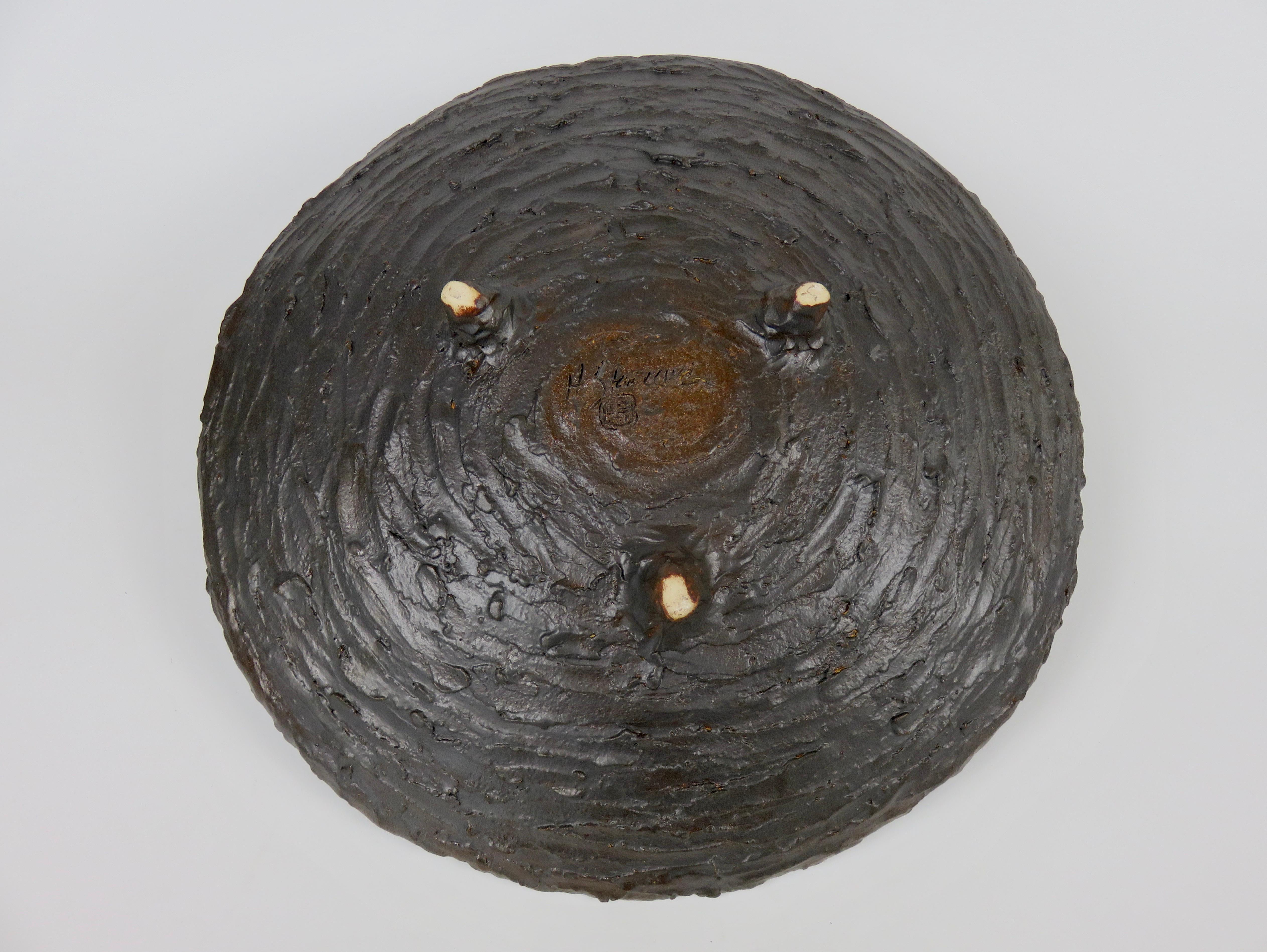 Contemporary Large Textured Ceramic Bowl on Tripod Feet in Brown/Metallic Glaze Hand Built