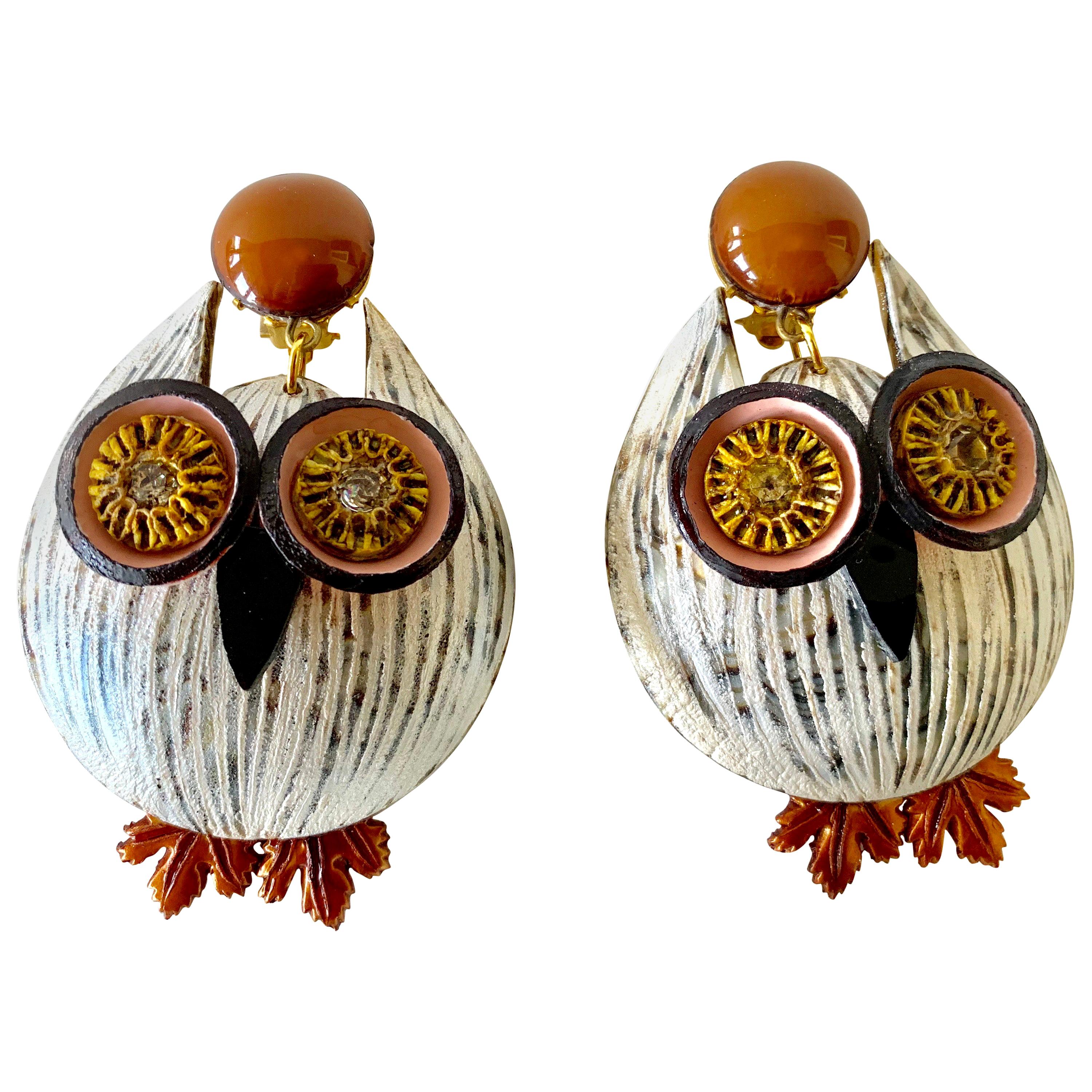 Large Textured Designer Owl Statement Clip-on Earrings 