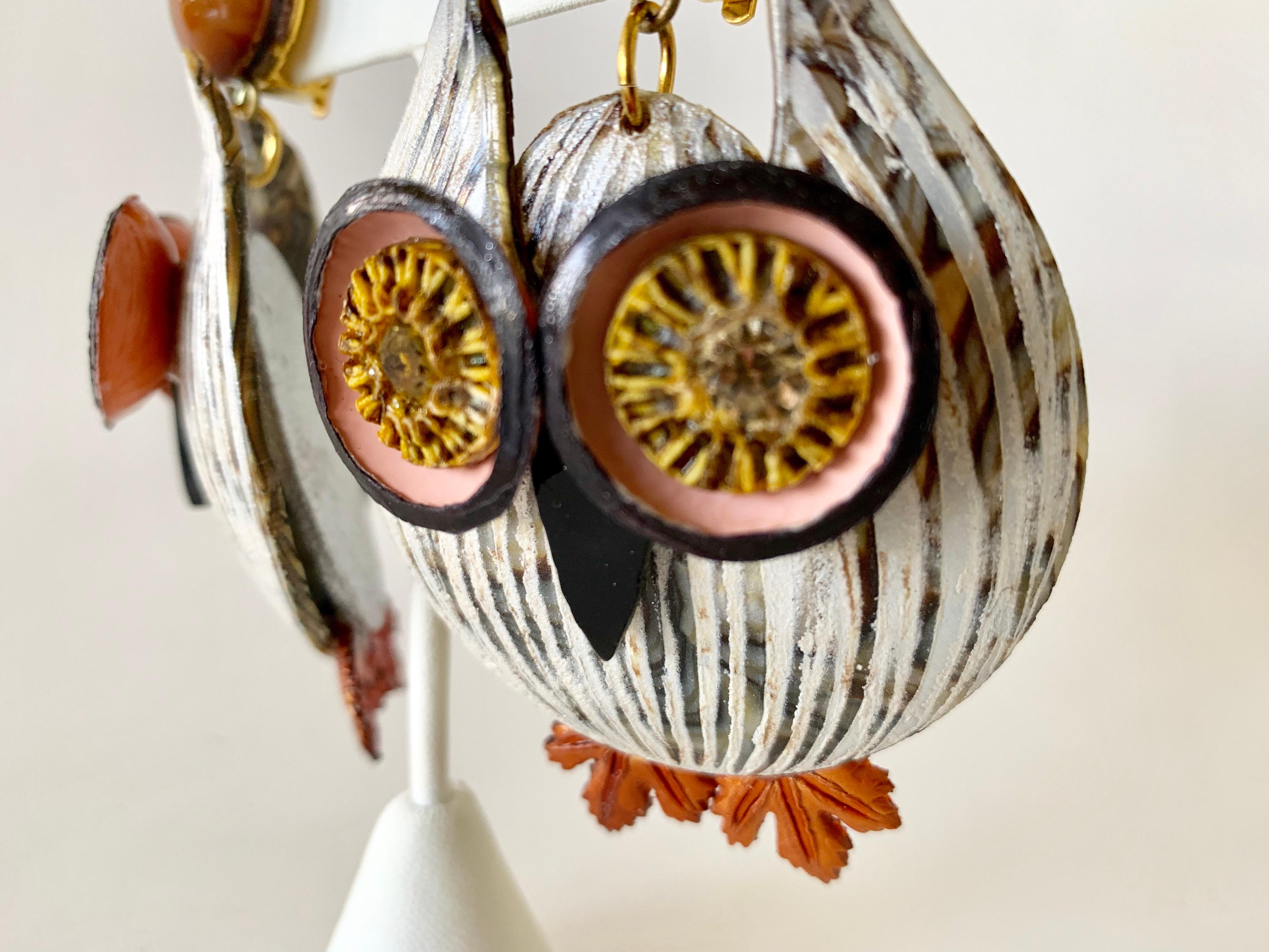 Large Textured Designer Owl Statement Clip-on Earrings  4