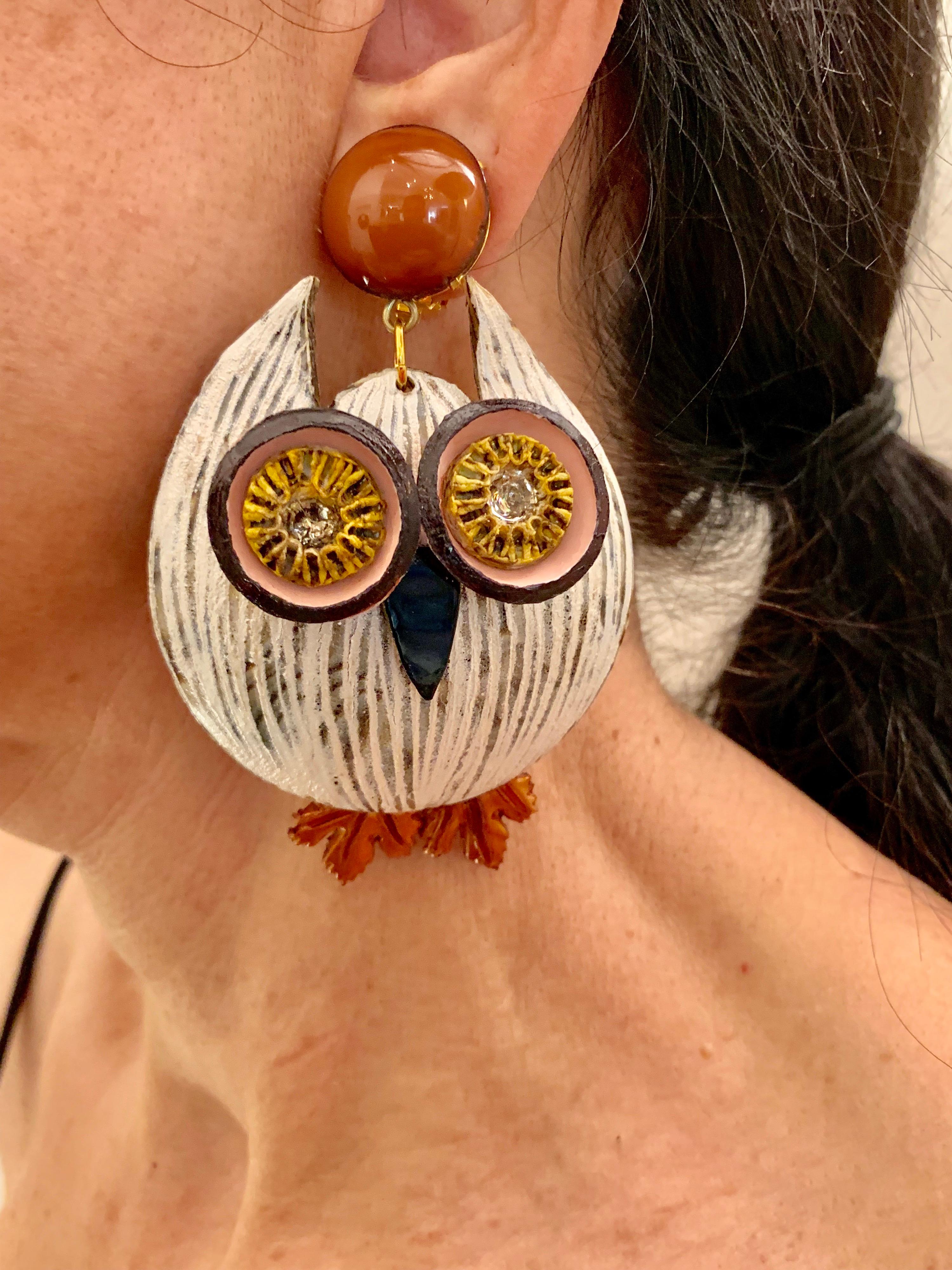 Contemporary Large Textured Designer Owl Statement Clip-on Earrings 