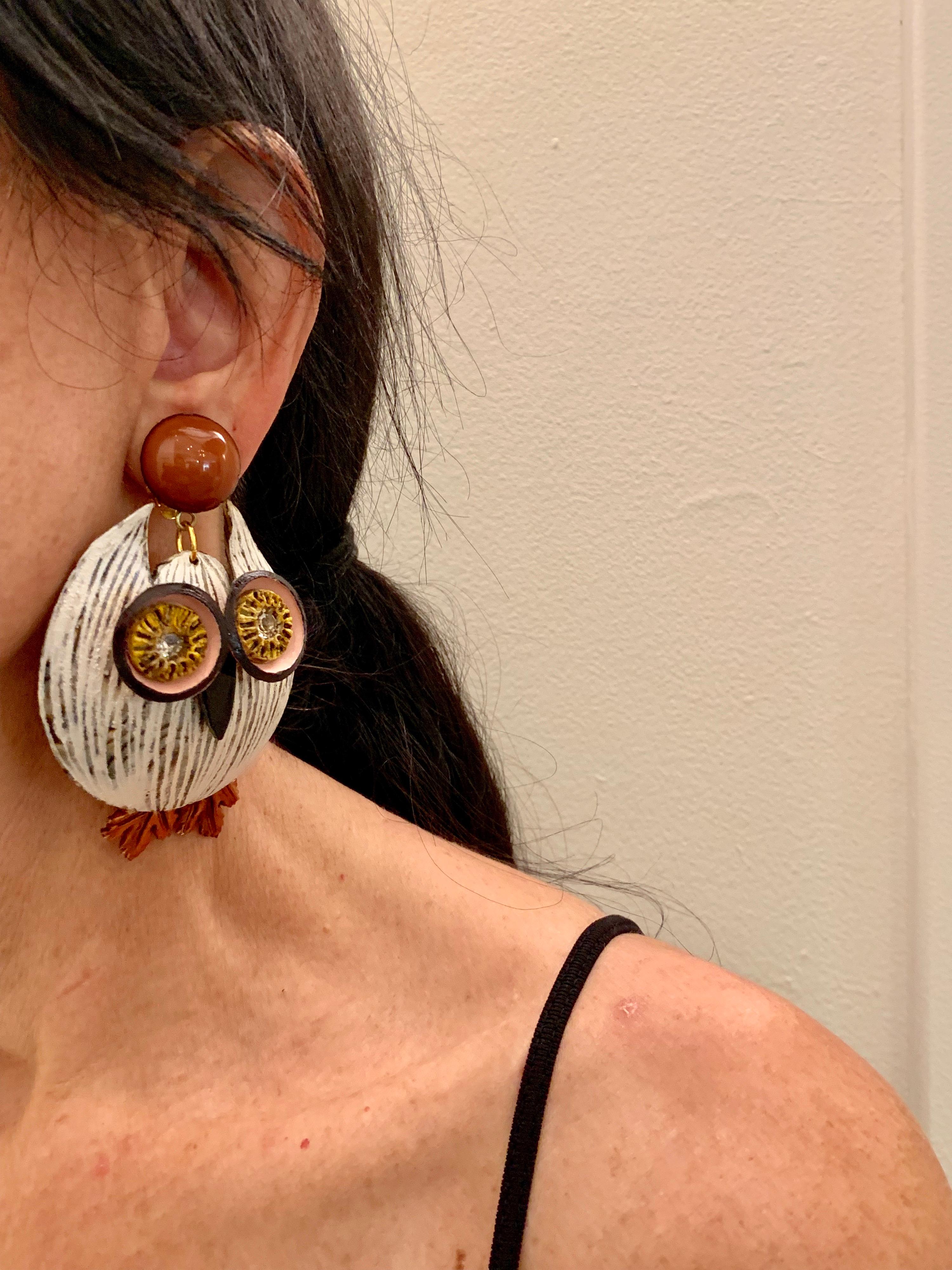 Large Textured Designer Owl Statement Clip-on Earrings  In New Condition In Palm Springs, CA