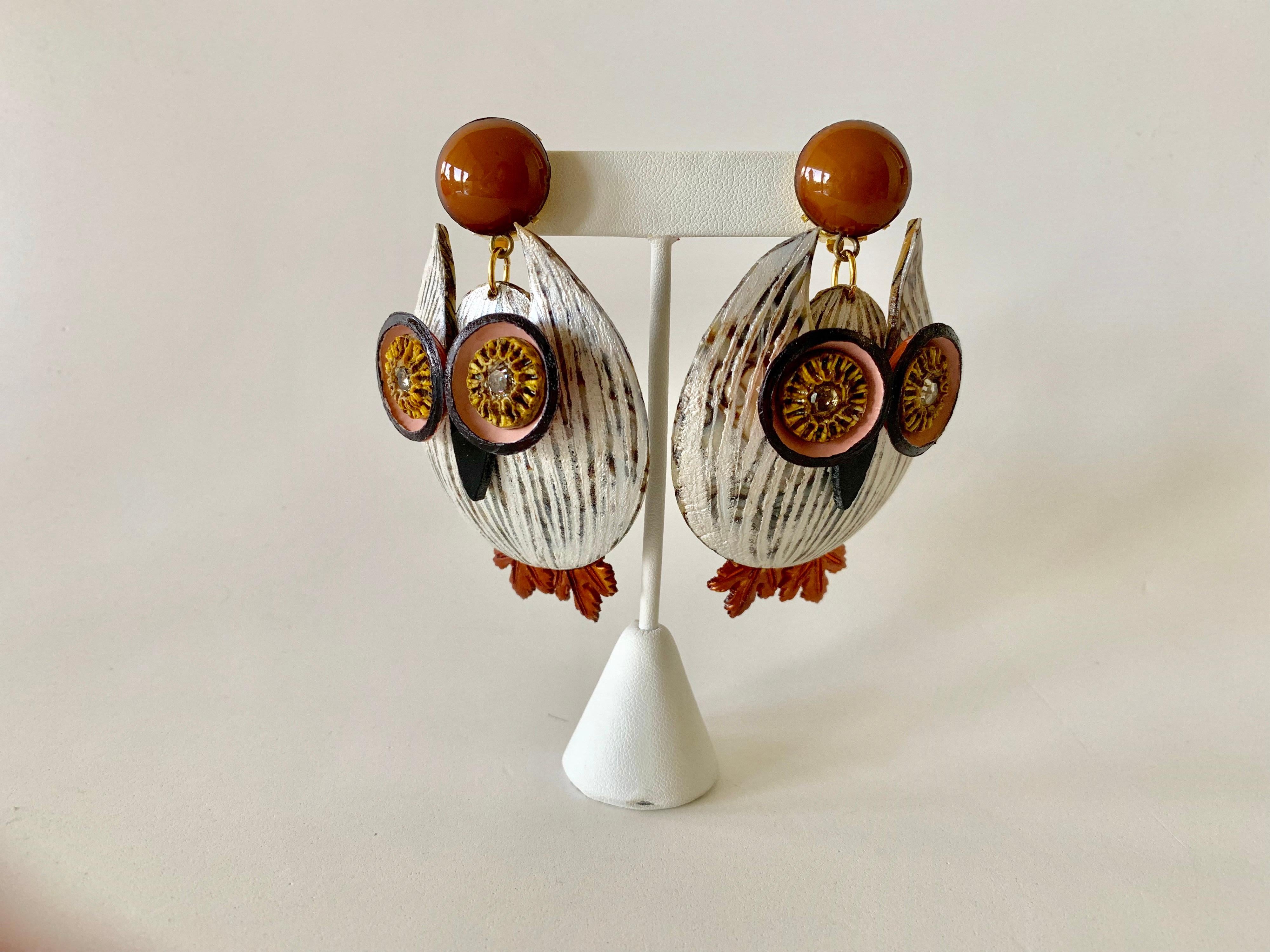 Large Textured Designer Owl Statement Clip-on Earrings  1