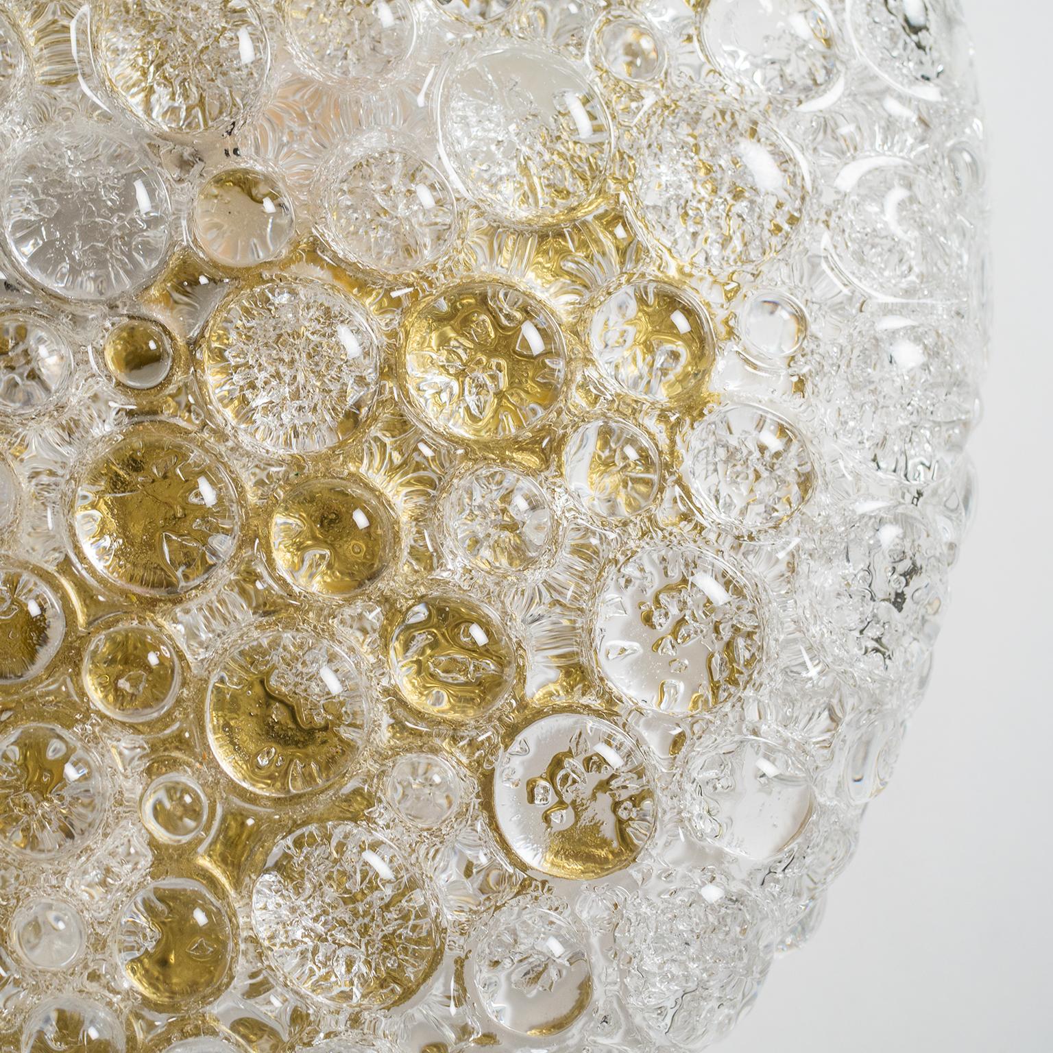 Mid-Century Modern Large Textured Glass and Brass Flush Mount, 1970s