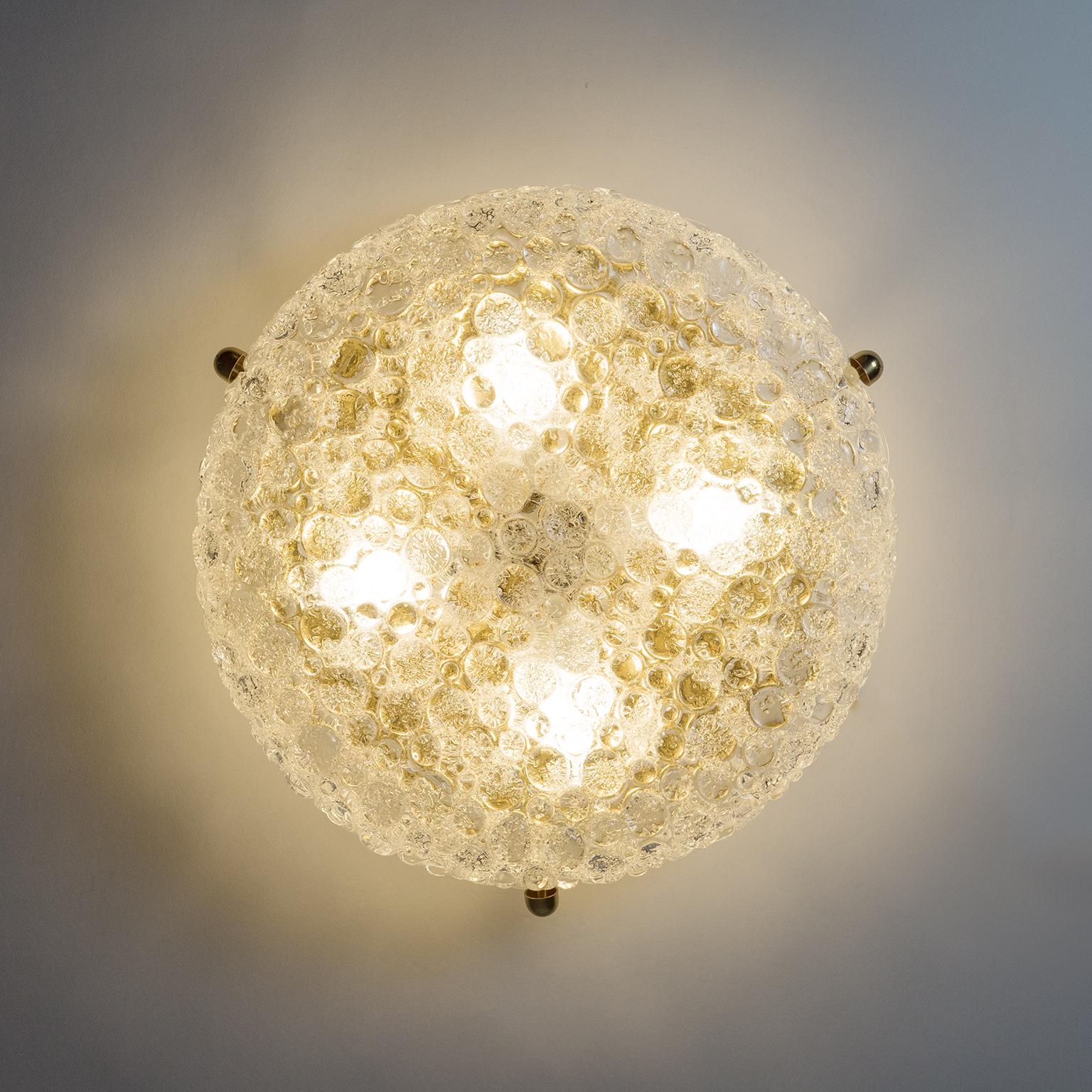 German Large Textured Glass and Brass Flush Mount, 1970s