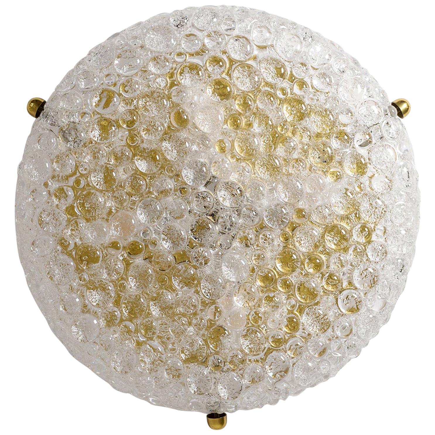 Large Textured Glass and Brass Flush Mount, 1970s