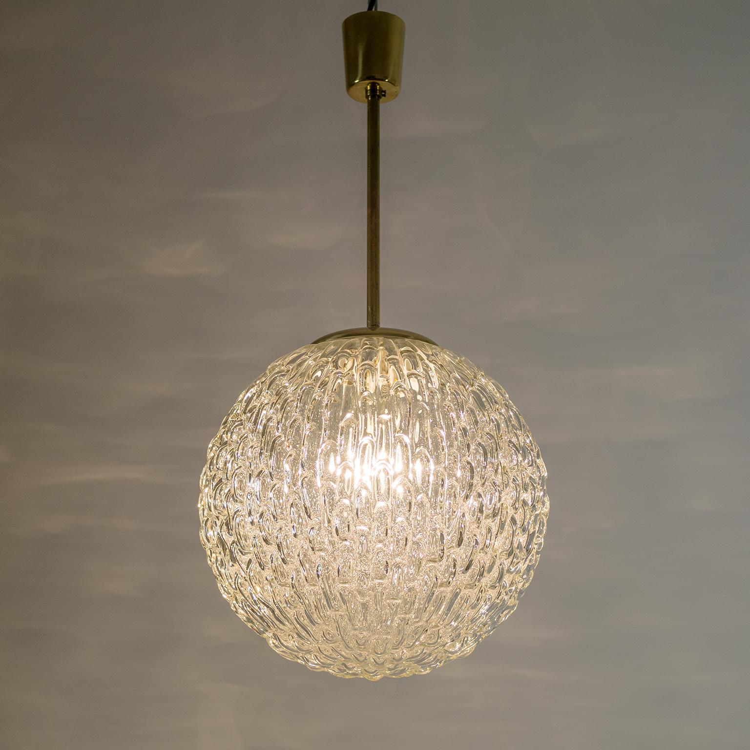 Mid-Century Modern Large Textured Glass and Brass Pendant, Austria, 1950s