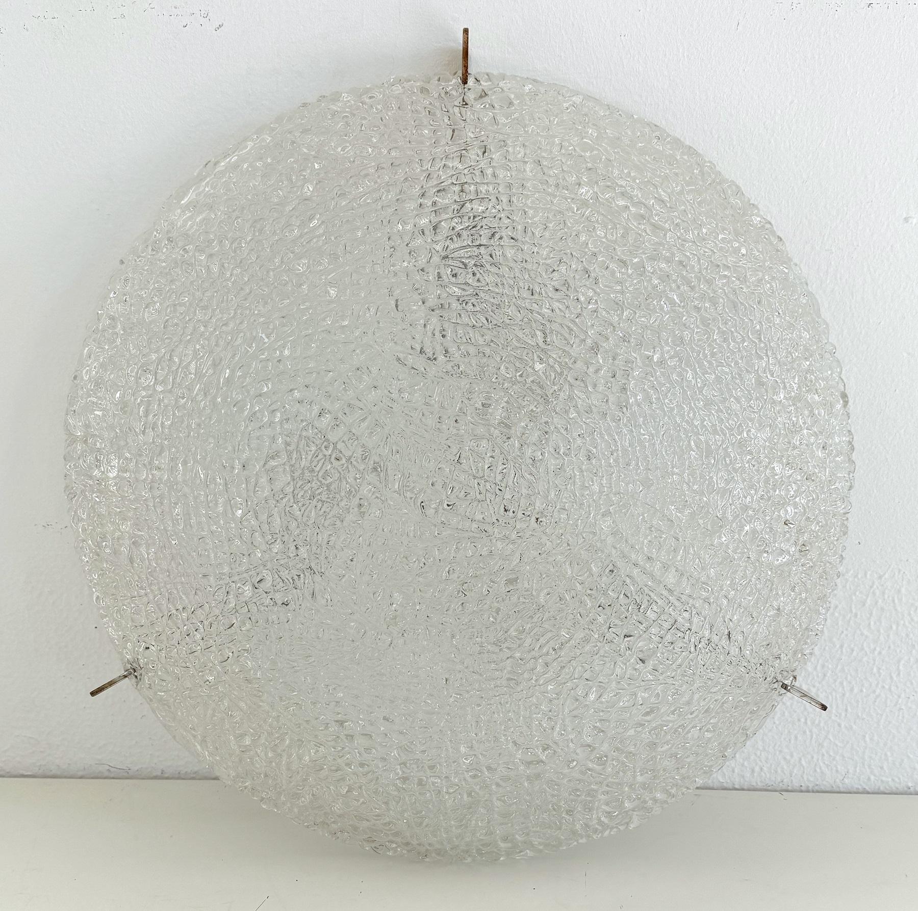 Metal Large Textured Glass Flush Mount Light by Kaiser, Germany, 1960s For Sale
