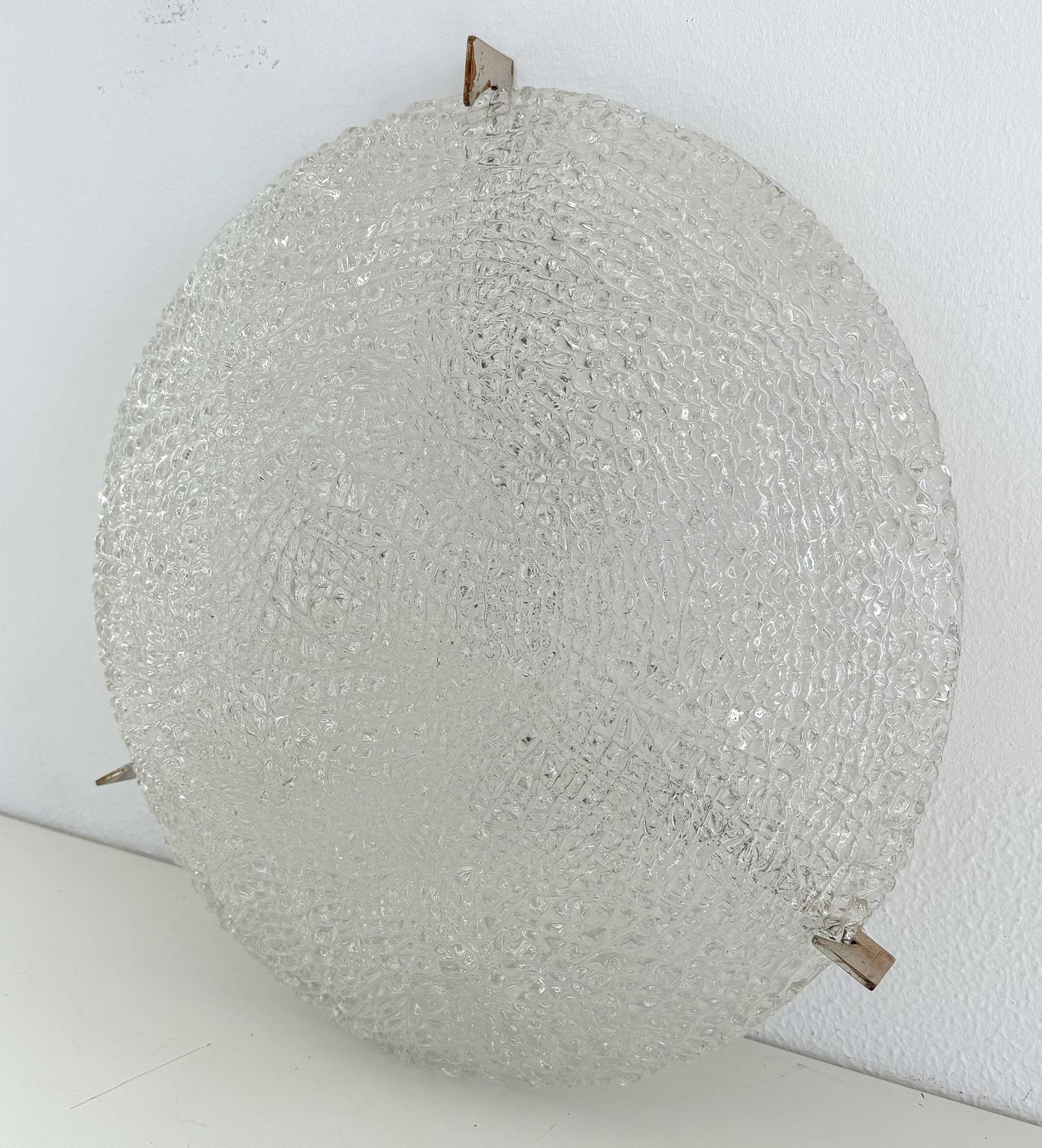 Large Textured Glass Flush Mount Light by Kaiser, Germany, 1960s For Sale 2