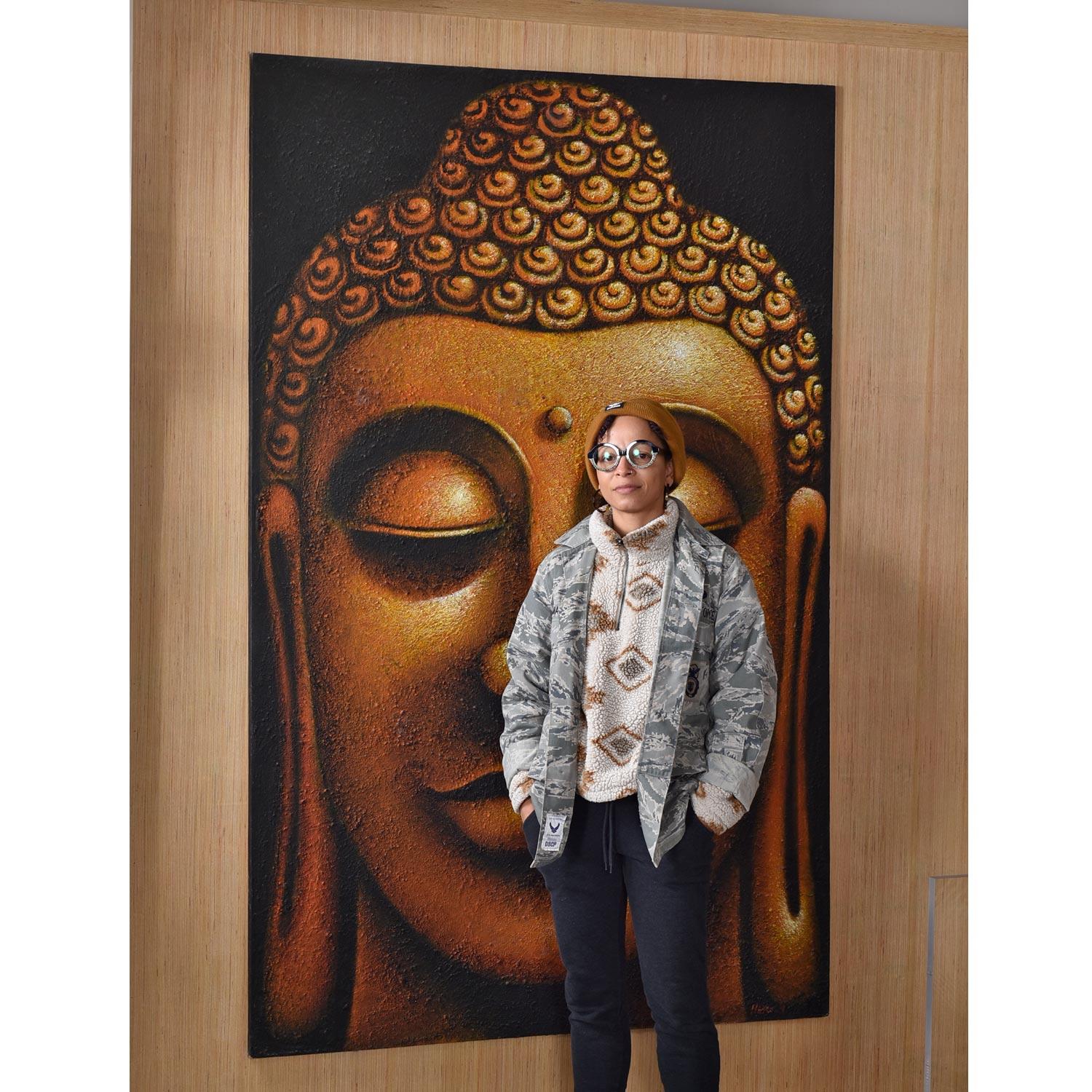 This outstanding large Buddha painting stands at six and a half feet tall! The face of Buddha is rendered in rich brown and umber tones, giving a sepia effect. Look closely to see a gritty texture throughout. We acquired this from an eclectic