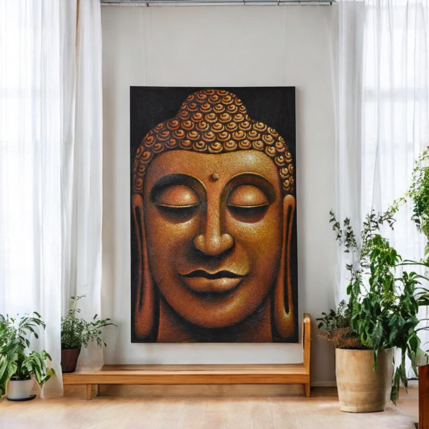 Dieses herausragende große Buddha-Gemälde ist sechseinhalb Meter hoch! Das Gesicht des Buddha ist in satten Braun- und Umbratönen gehalten, die einen Sepia-Effekt erzeugen. Bei genauem Hinsehen ist eine körnige Textur zu erkennen. Wir erwarben es