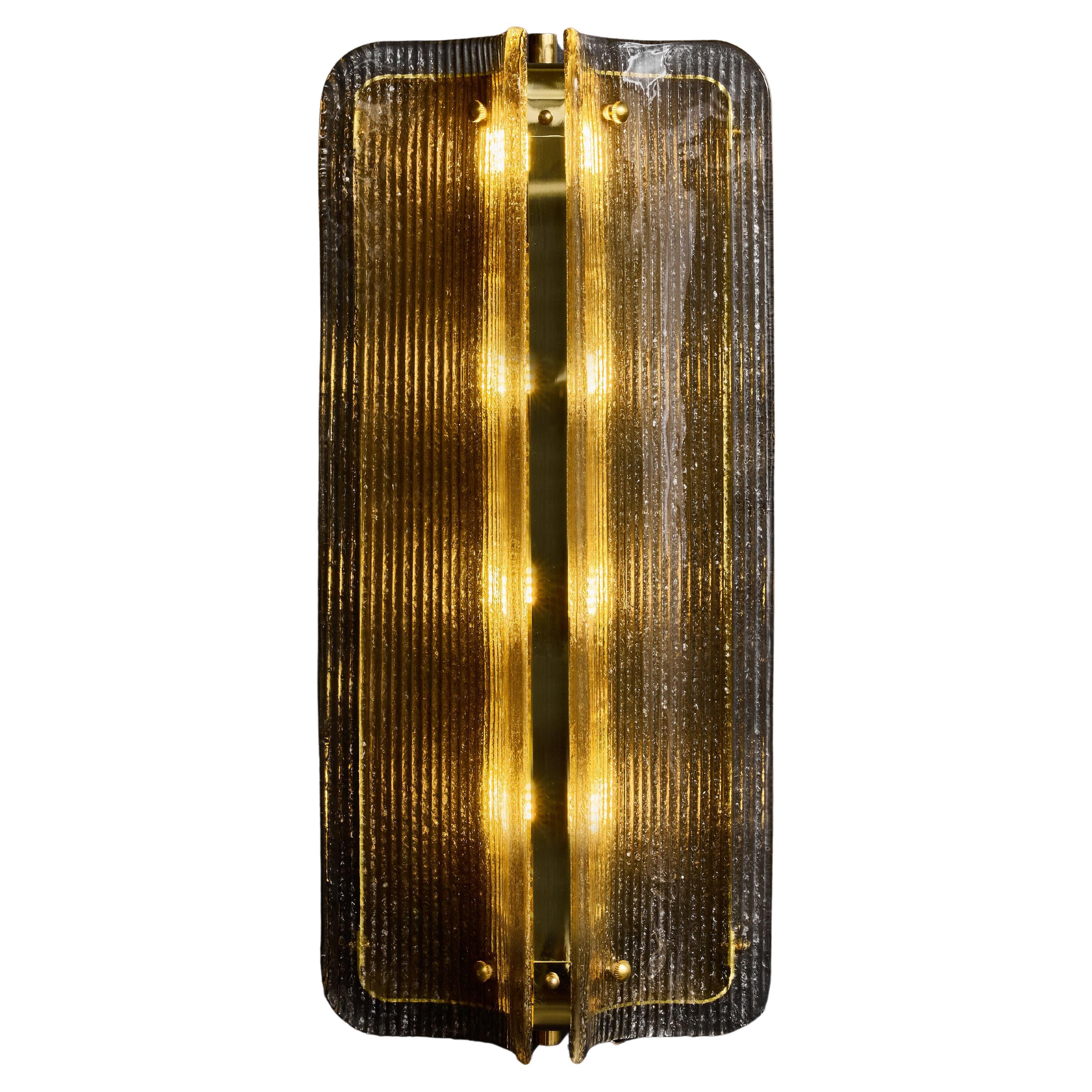 Large Textured Smoked Murano Glass and Brass Wall Sconces