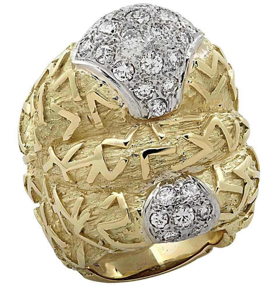 Brilliant Cut Large Textured Yellow Gold and Diamond Dome Ring