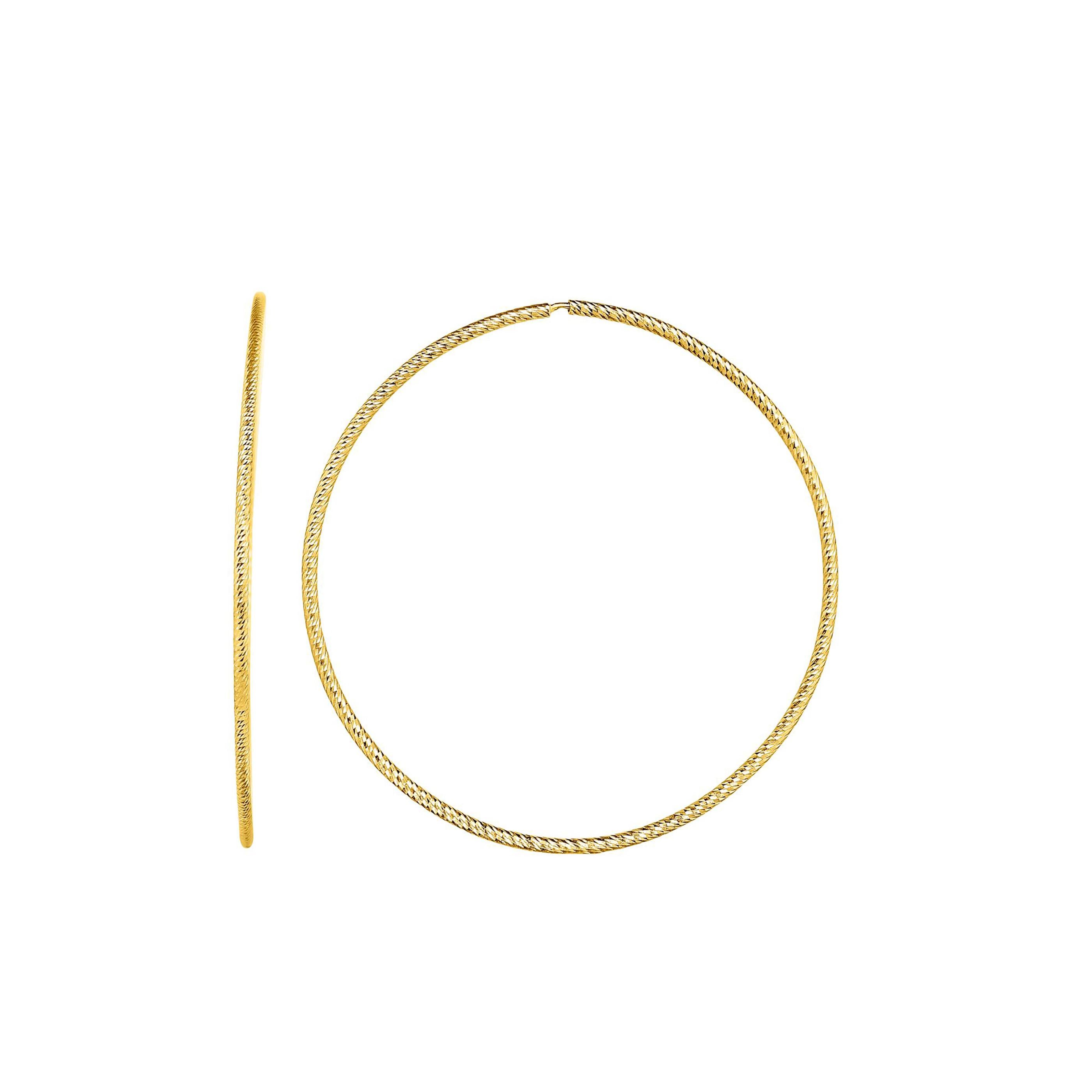 Fourteen karats yellow gold large circle hoop earrings
Endless Hoops
Textured design 
The diameter 1.5 inch 
Width of the circle 2 millimeter equals 0.08 inch
New Earrings
The latest and innovative fashion collections have been launched by all of