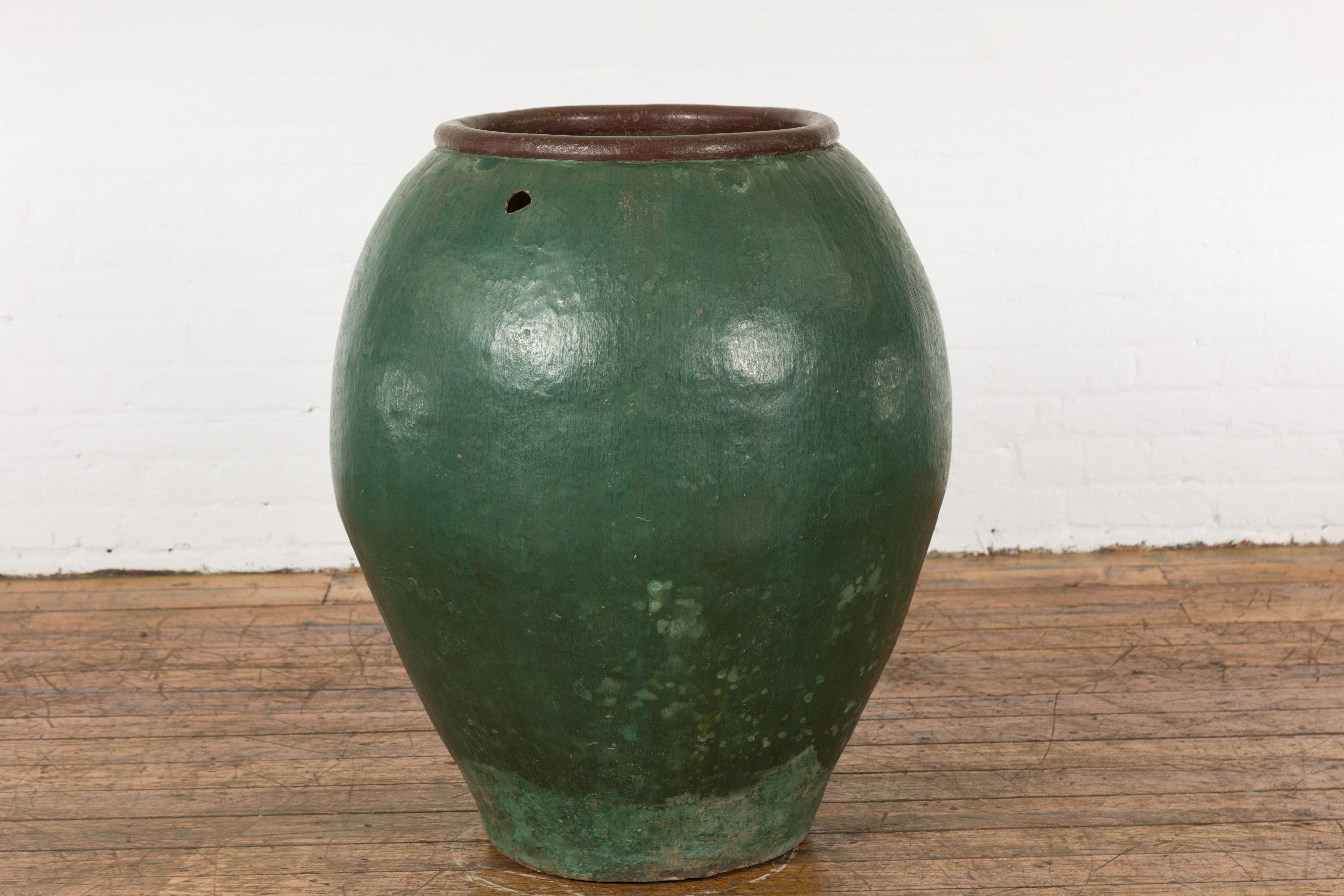 Large Thai 1950s Green Glazed Ceramic Planter with Brown Lip and Tapering Body For Sale 5