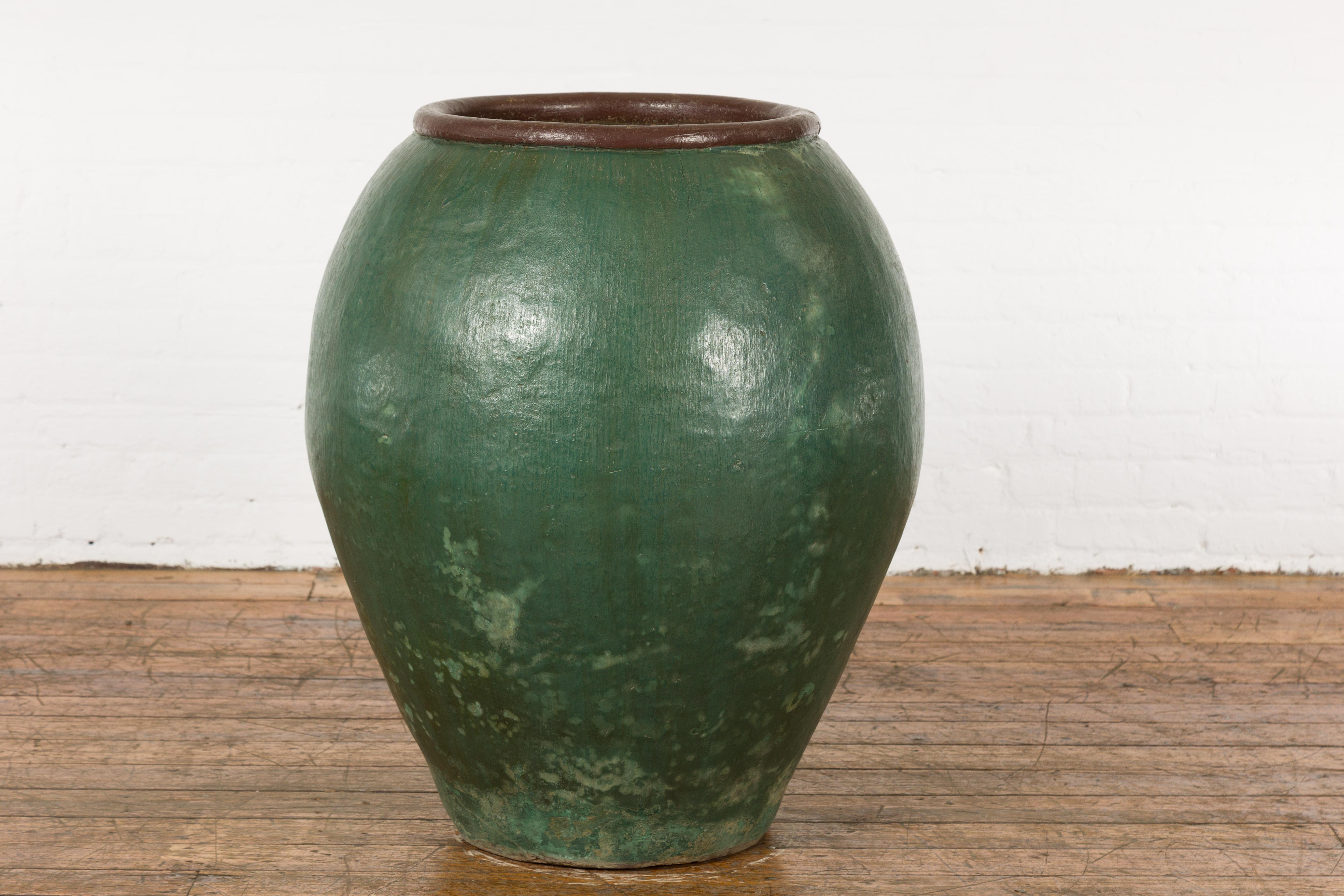 Large Thai 1950s Green Glazed Ceramic Planter with Brown Lip and Tapering Body For Sale 8