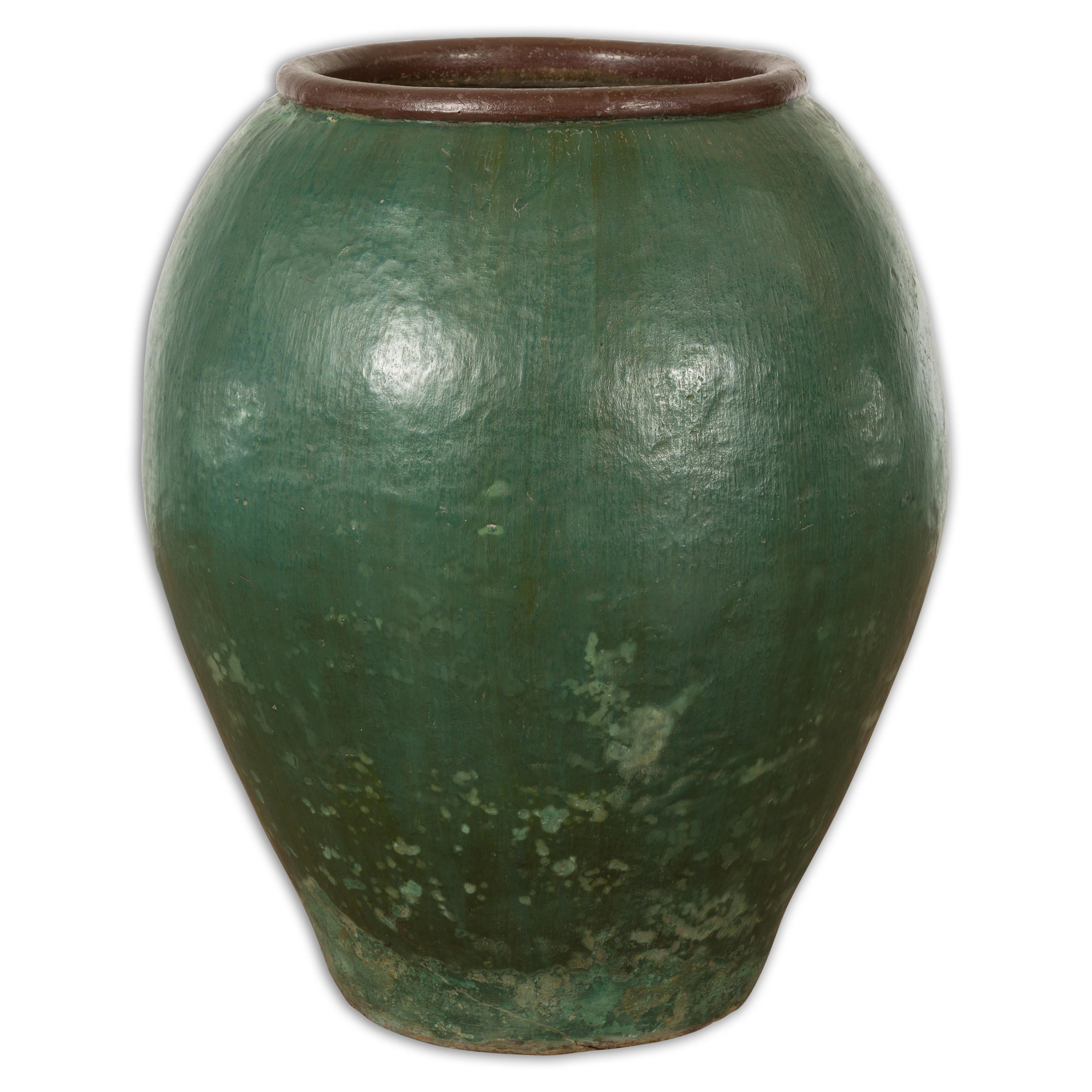 Large Thai 1950s Green Glazed Ceramic Planter with Brown Lip and Tapering Body For Sale 11