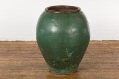 Large Thai 1950s Green Glazed Ceramic Planter with Brown Lip and Tapering Body