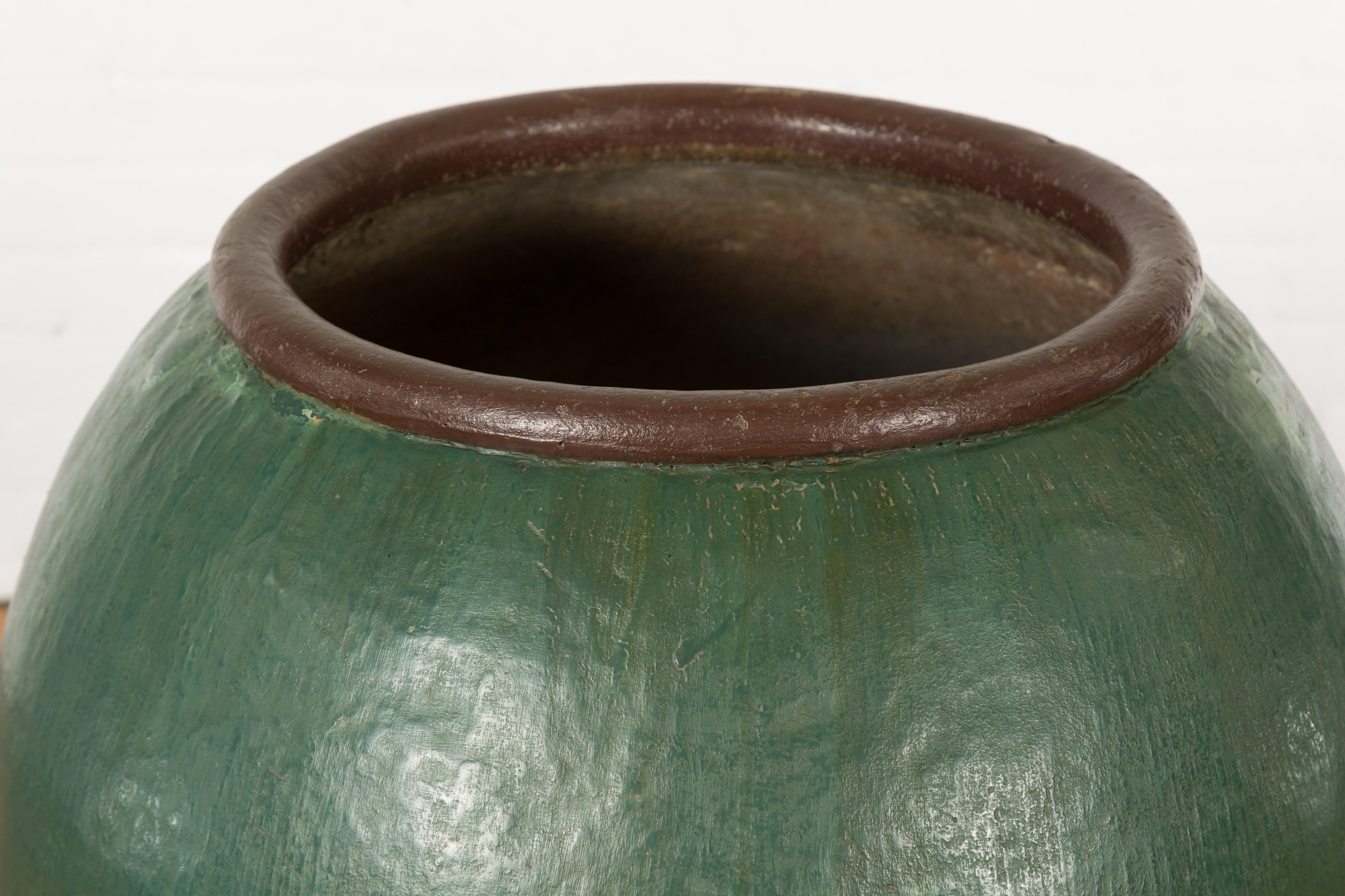 Large Thai 1950s Green Glazed Ceramic Planter with Brown Lip and Tapering Body For Sale 1