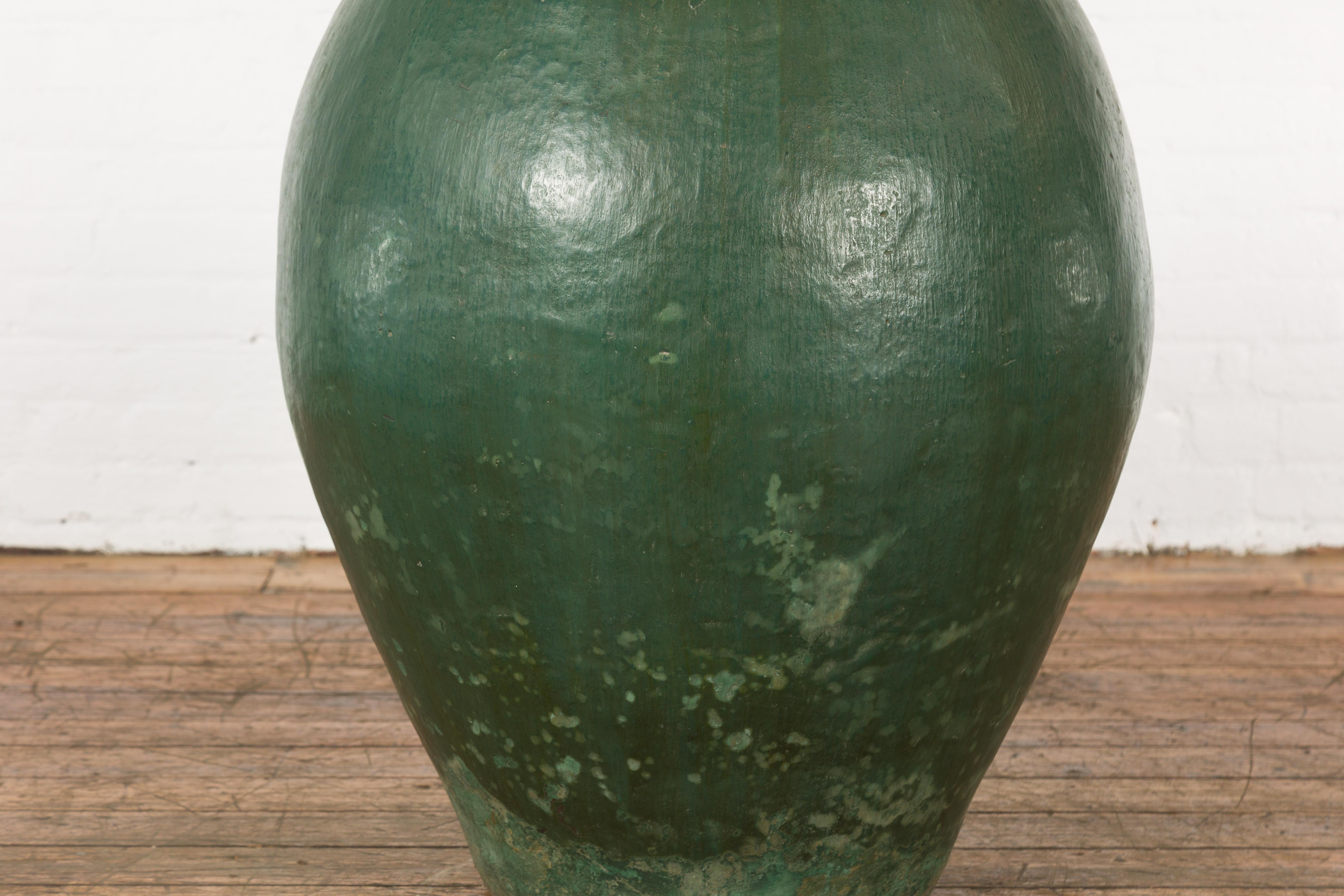 Large Thai 1950s Green Glazed Ceramic Planter with Brown Lip and Tapering Body For Sale 3